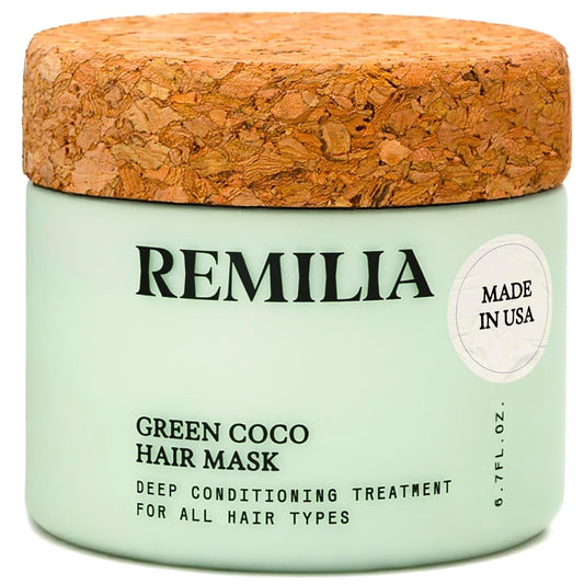 Light Gray Remilia Hair Green Coco Hair Mask with Coconut Oil, Avocado Oil, Castor Oil, Green Tea & Rice Protein, Salon-Inspired Care for Smoothness and Manageability - 200 ml - 6.7 fl oz