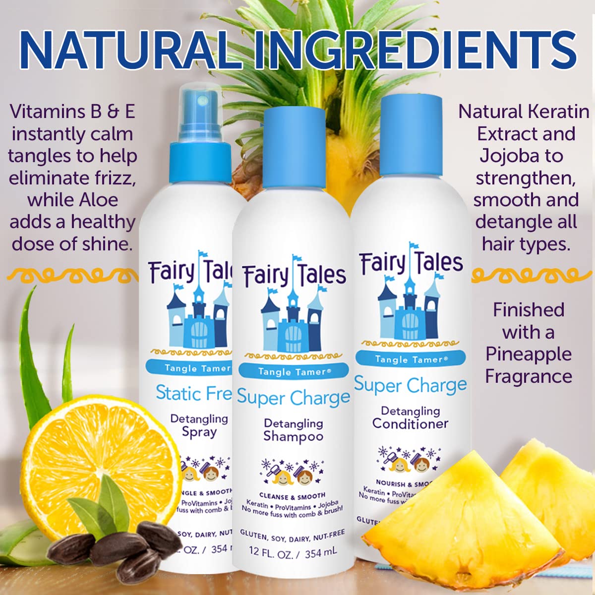 White Smoke Fairy Tales Tangle Tamer Super Charge Detangling Shampoo, Conditioner, and Spray for Kids - Travel Kit - Paraben Free, Sulfate Free, Gluten Free, Nut Free - 3.3 oz (Pack of 3)