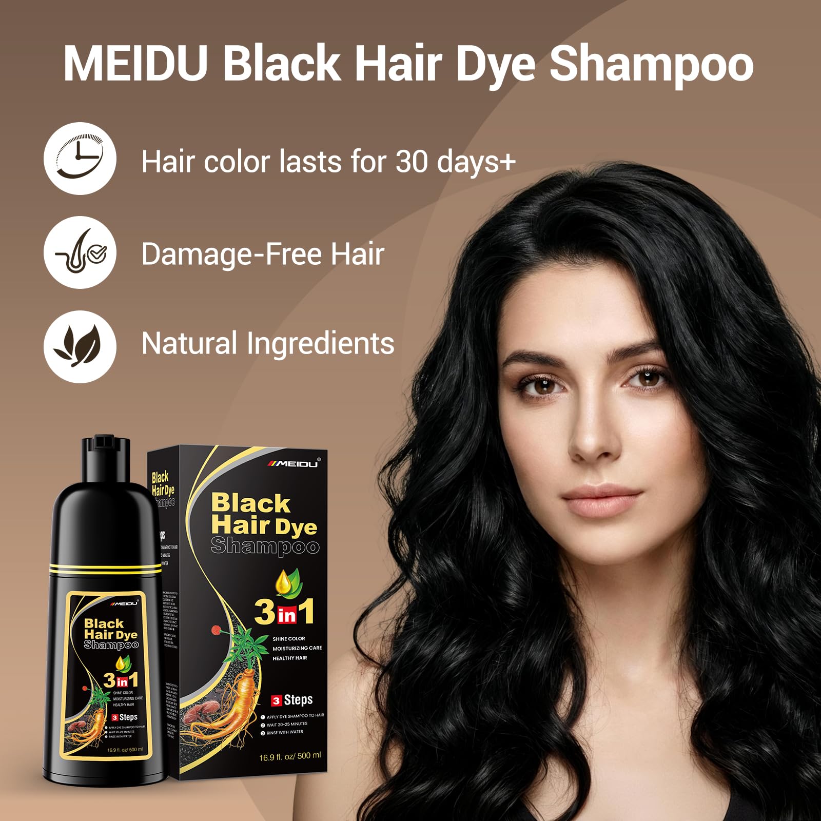 Black IIIMEIDU MEIDU Black Hair Dye Shampoo 3 in 1, Shampoo for Color Treated Hair 100% Gray Coverage for Women Men, Natural Herbal Ingredients Champu Para Canas pintar el pelo 500ml