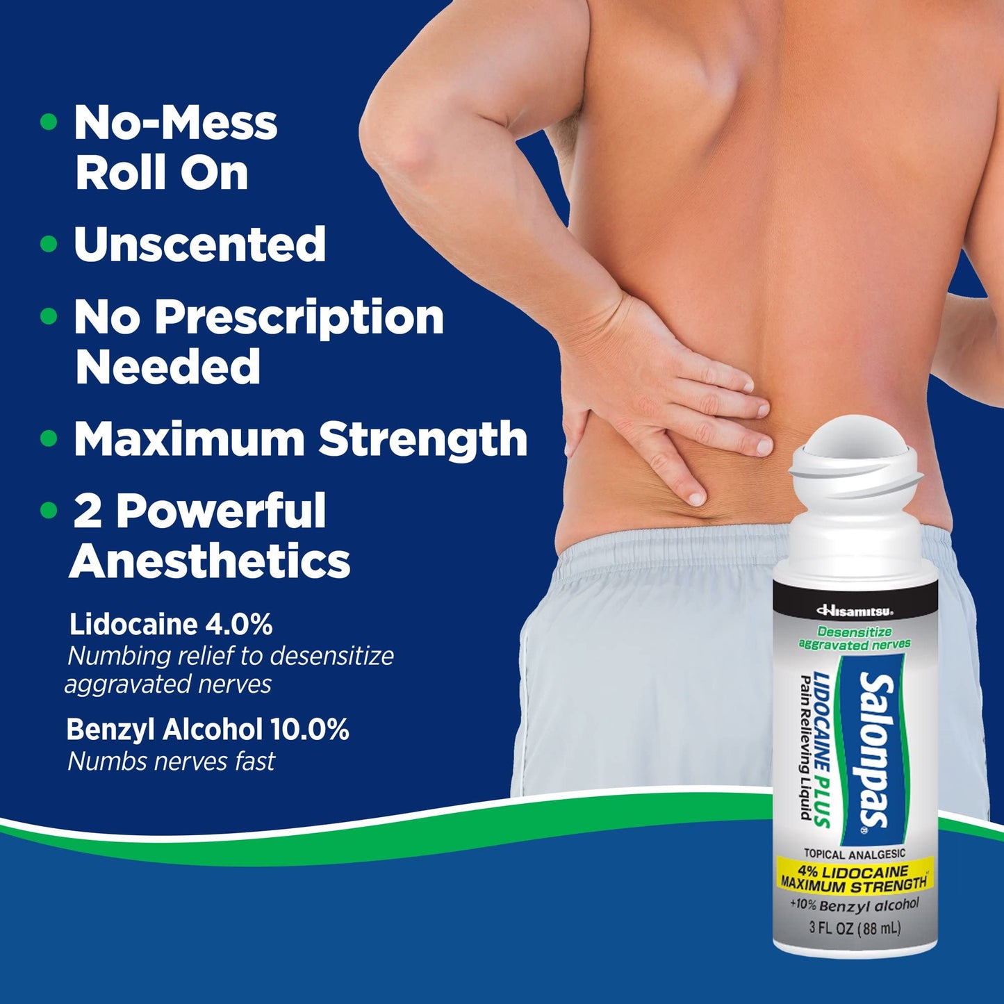 Midnight Blue Salonpas LIDOCAINE Plus 3 oz ROLL ON Pain Relieving Liquid! Maximum Strength 4% Lidocaine for Numbing Pain Relief! Mess Free Application! (3 Pack)
