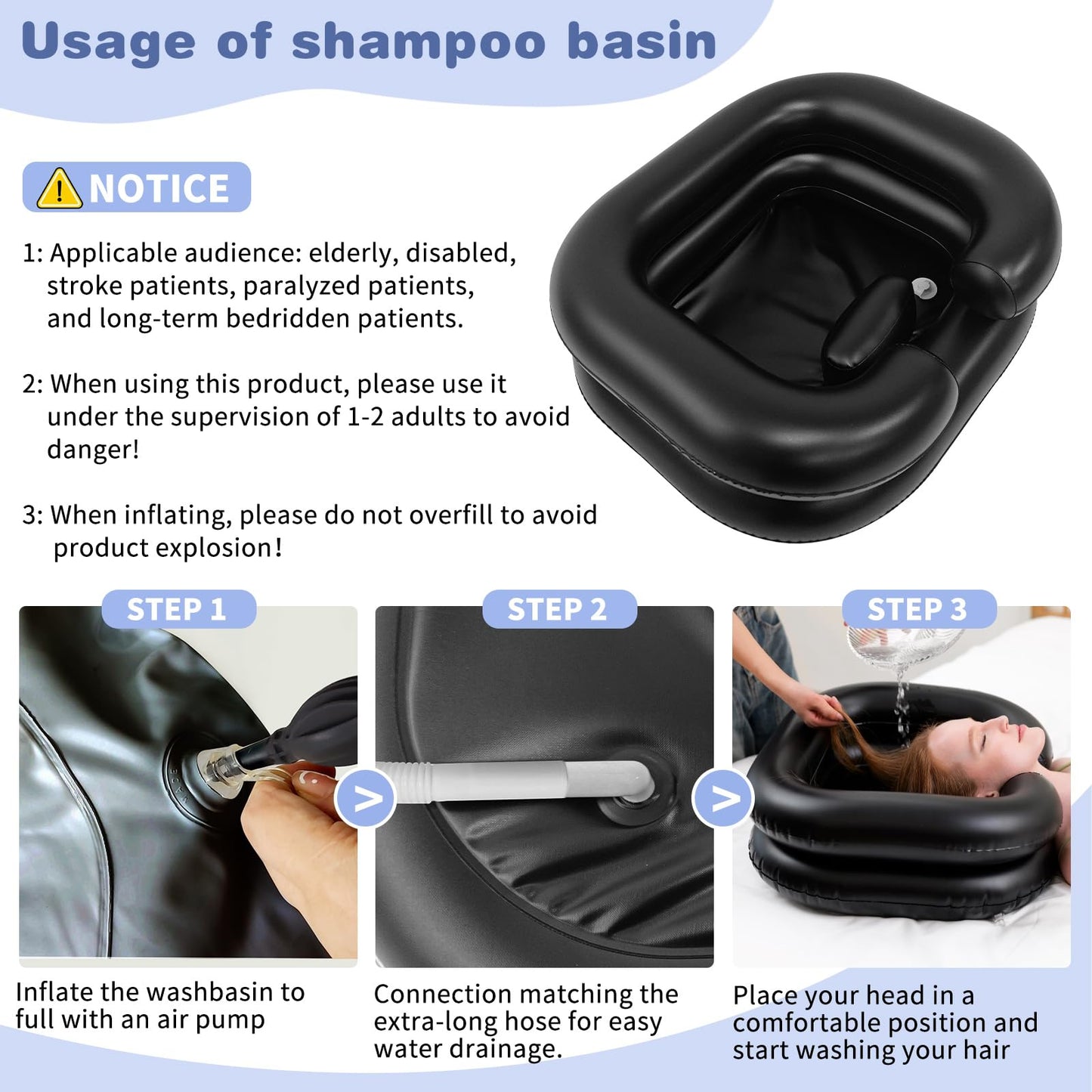 White Smoke Inflatable Shampoo Basin, Portable Shampoo Bowl with Neck Support and Drain Hose for bedridden People, Portable Shampoo Sink for The Elderly, Disabled, Pregnant Women, Injured People (Black)