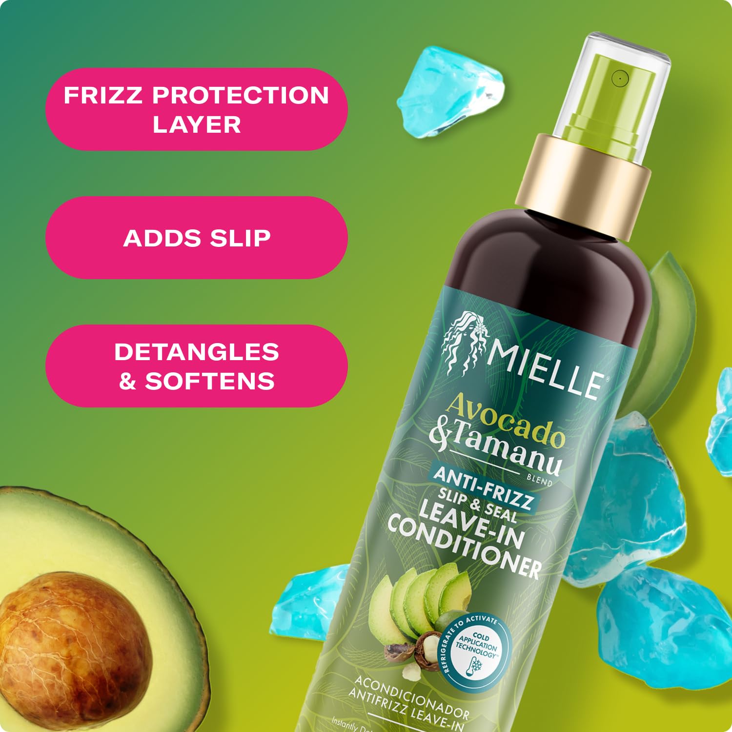 Yellow Green Mielle Organics Avocado & Tamanu Hair Leave In Conditioner Spray for Frizz Control - Smoothing Detangler & Anti Frizz Treatment for Dry, Damaged Styles - Nourishes Scalp for Soft, Shiny Strands - 8 oz