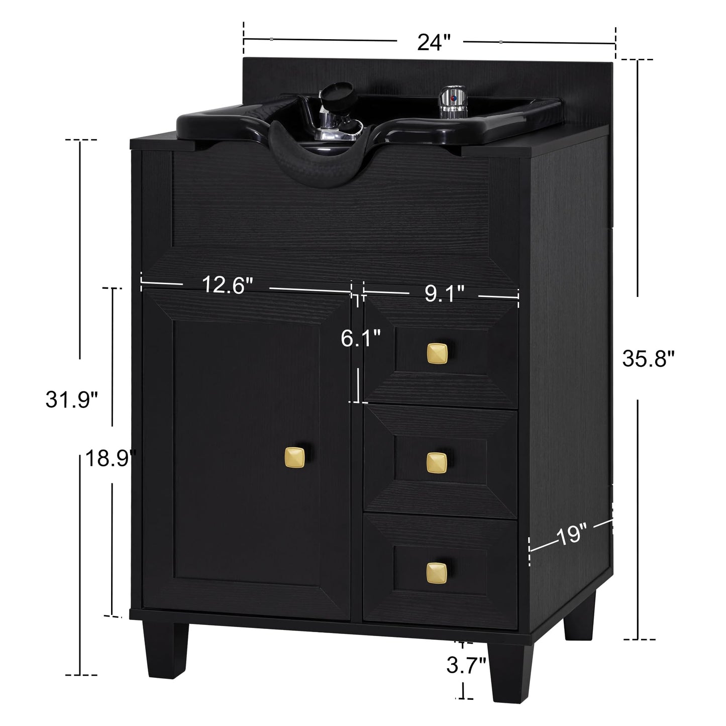 White Smoke BarberPub Barber Storage Shampoo Station, Spa Textured Embossed Cabinet with Shampoo bowl & Drawers, Hair Salon Sink Backwash Equipment 7131 (Black)