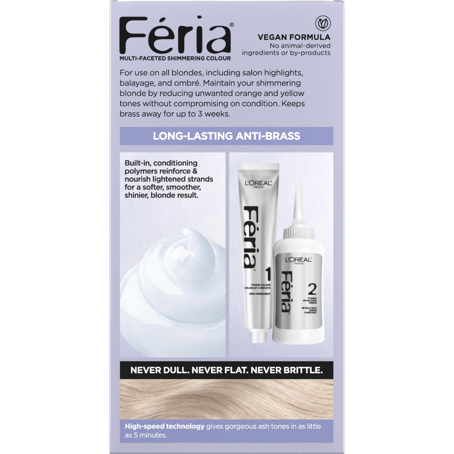 Light Gray L’Oreal Paris Feria Long-Lasting Anti Brass Power Hair Toner, Ammonia Free Demi Permanent Hair Color, Ice Blonde Hair Toner, 1 Application