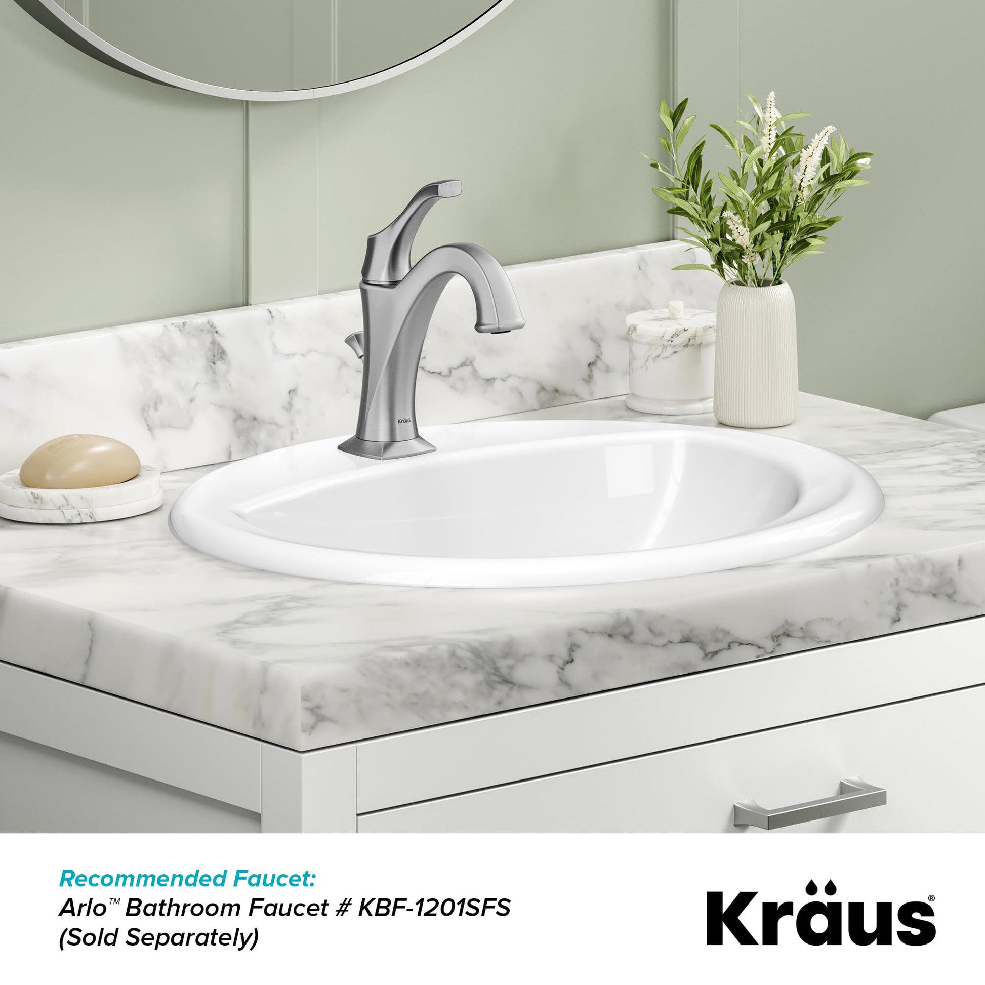 White Smoke KRAUS Elavo 20.5 in. Oval Porcelain Ceramic Self-Rimming Drop In Bathroom Sink in White with Overflow Drain, KCT-100
