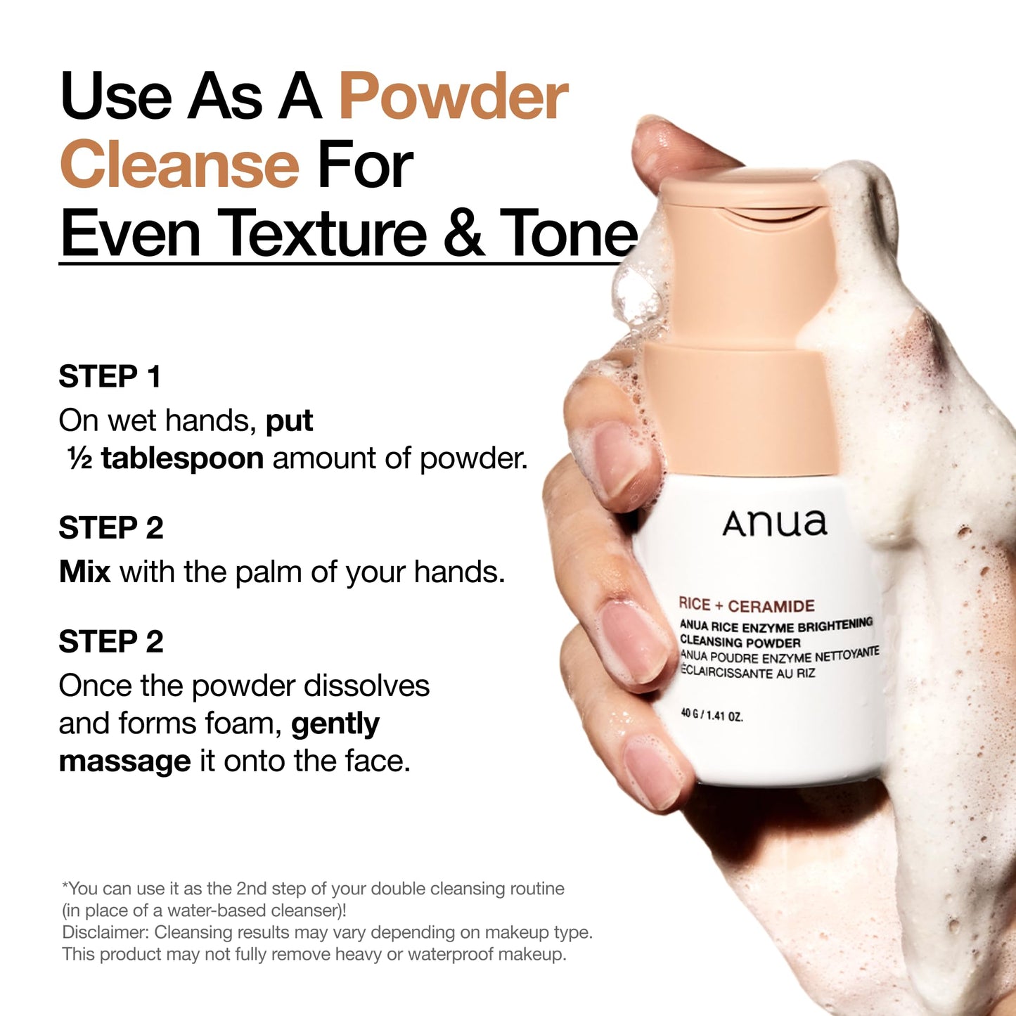 White Smoke ANUA Rice Enzyme Brightening Cleansing Powder, Exfoliating Powder-to-Foam Cleanser, Smooth Texture & Clarity, Hydrating & Gentle Formula, Korean Skincare,1.41 fl.oz