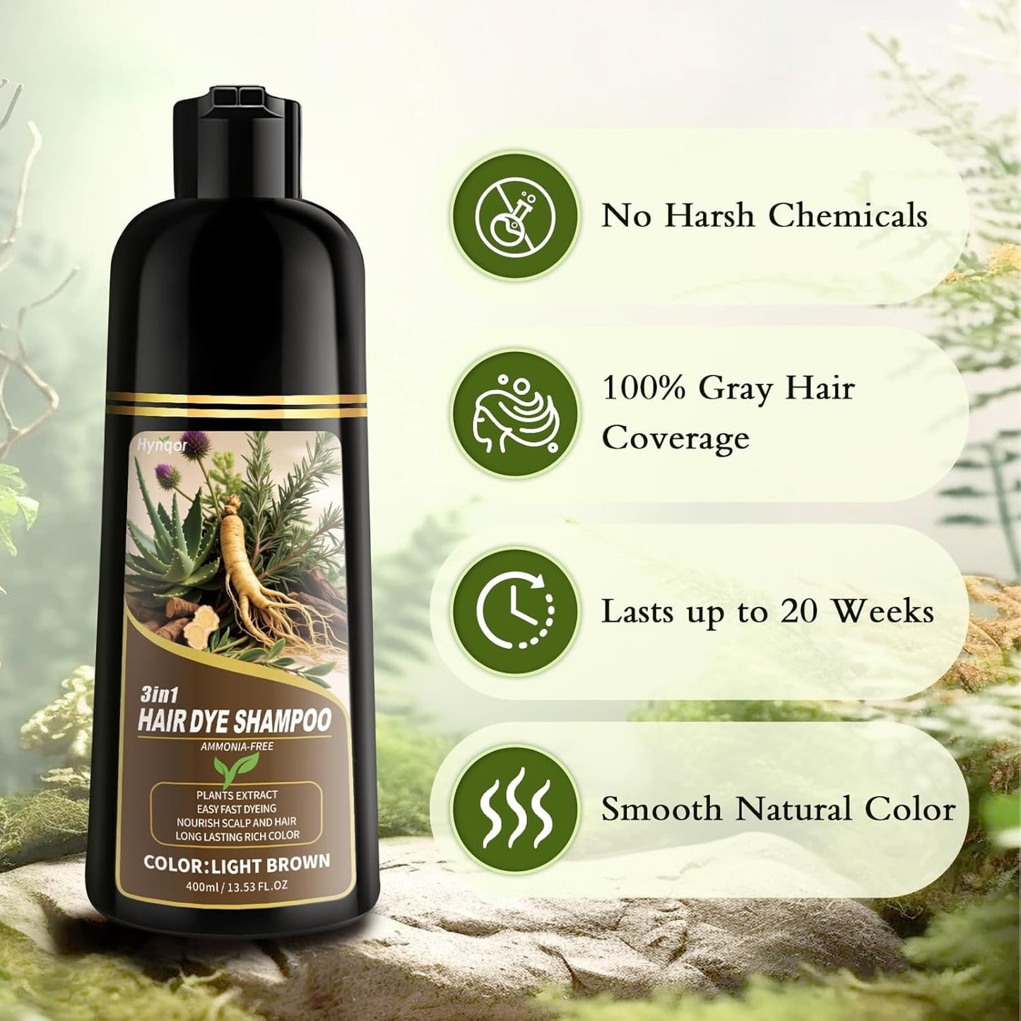 Seashell Light Brown Hair Dye Shampoo, 100% Gray Coverage Hair Color Shampoo for Women Men, Ammonia-Free & Paraben Free with Natural Herbal Ingrendients