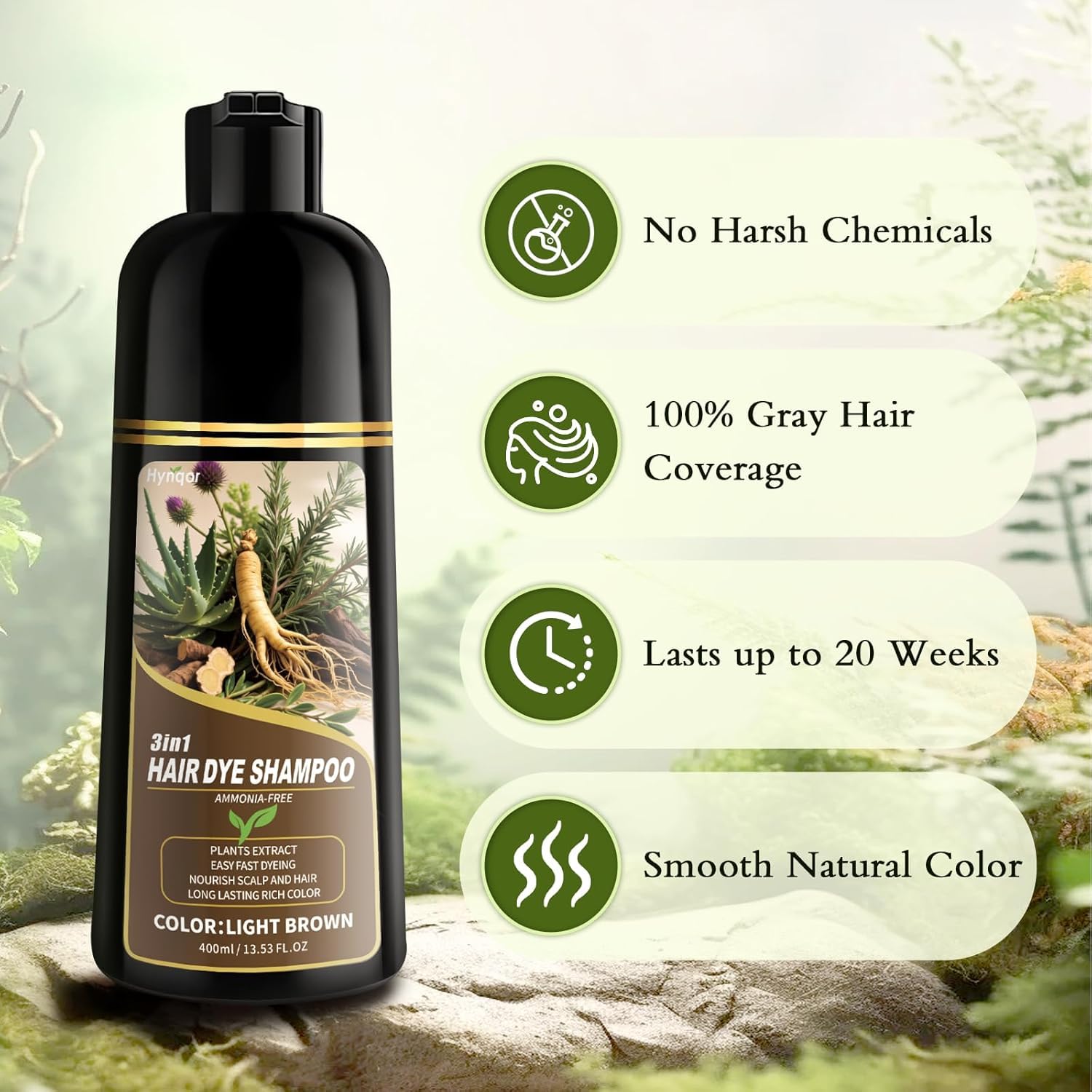 Seashell Light Brown Hair Dye Shampoo, 100% Gray Coverage Hair Color Shampoo for Women Men, Ammonia-Free & Paraben Free with Natural Herbal Ingrendients