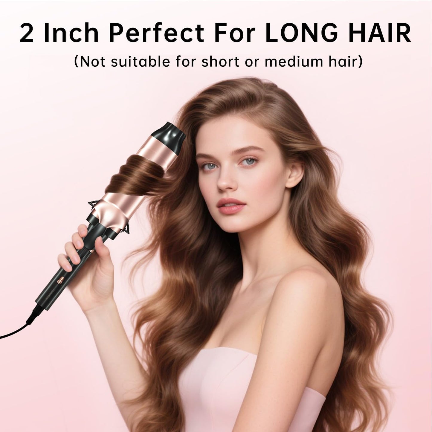 Misty Rose Hahahope Professional 2 Inch Curling Iron with Clamp - Large Barrel Curling Wand for Long Hair, Dual Voltage, Adjustable Heat Settings, Lightweight Design Rose Gold