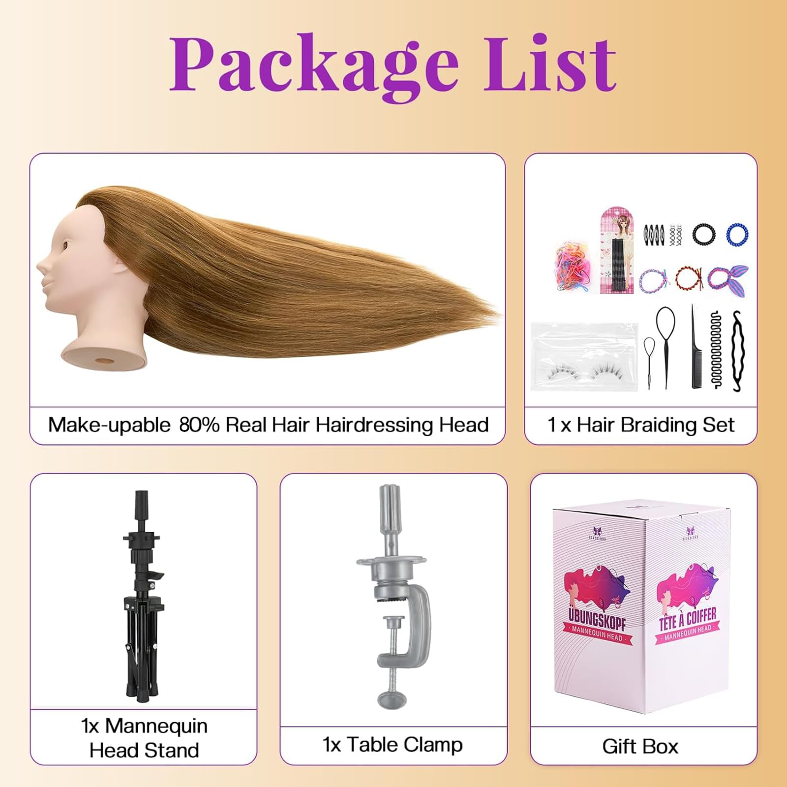White Smoke Mannequin Head with 80% Real Human Hair with Tripod Stand - 28" Makeup Cosmetology Manikin Doll Head for Hair Styling, Hairdressing Training Head for Braiding Practice Suitable for Hair Extensions