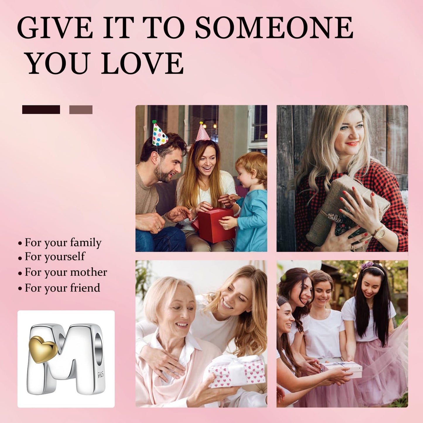 Misty Rose ChenYuTe A~Z Alphabet Charm Letter Beads 925 Sterling Silver with Heart-shaped 5A Cubic Zircon Stones fits Pandora European Bracelets Necklace Jewelry Gift for Women