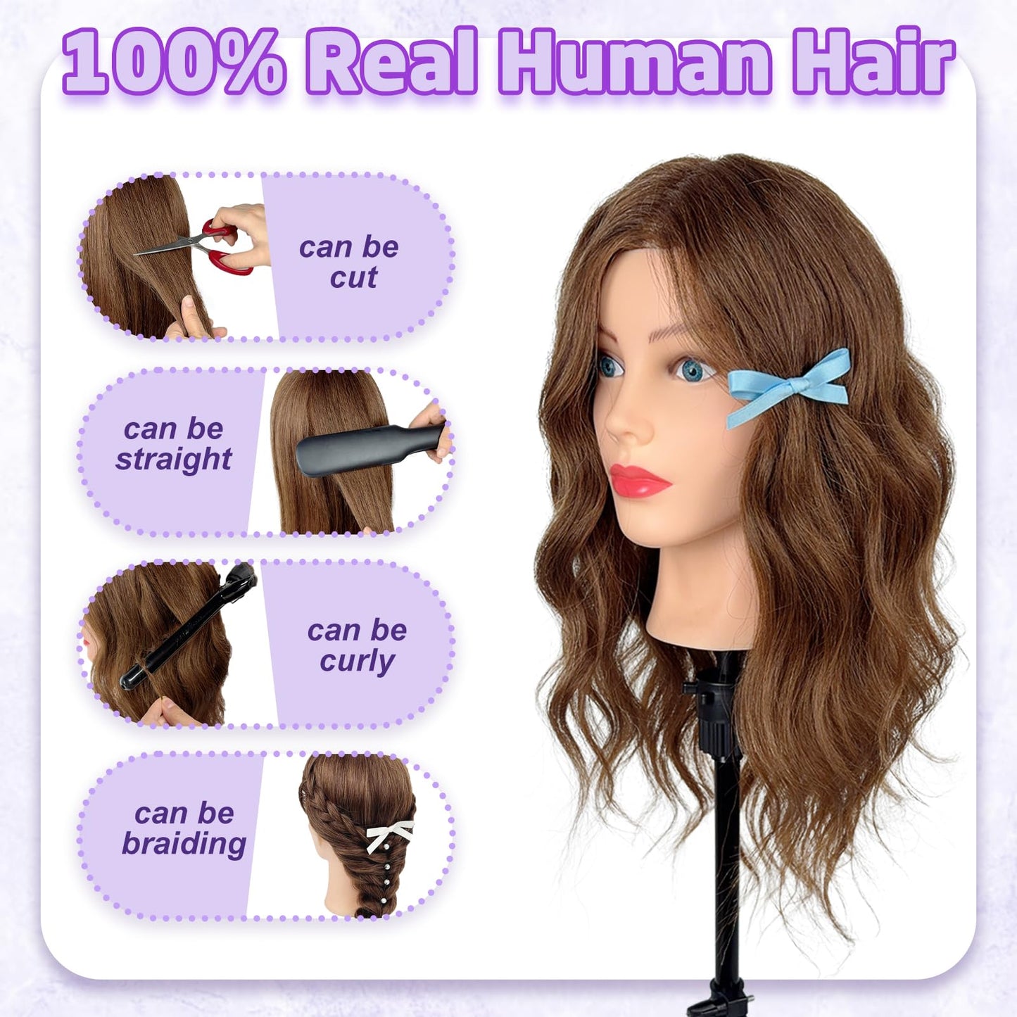 White Smoke Mannequin Head Human Hair - Cosmetology Manikin Doll Head with 100% Real Hair for Hairdresser Practice Styling Braiding & Free Clamp Holder (Dark Brown)