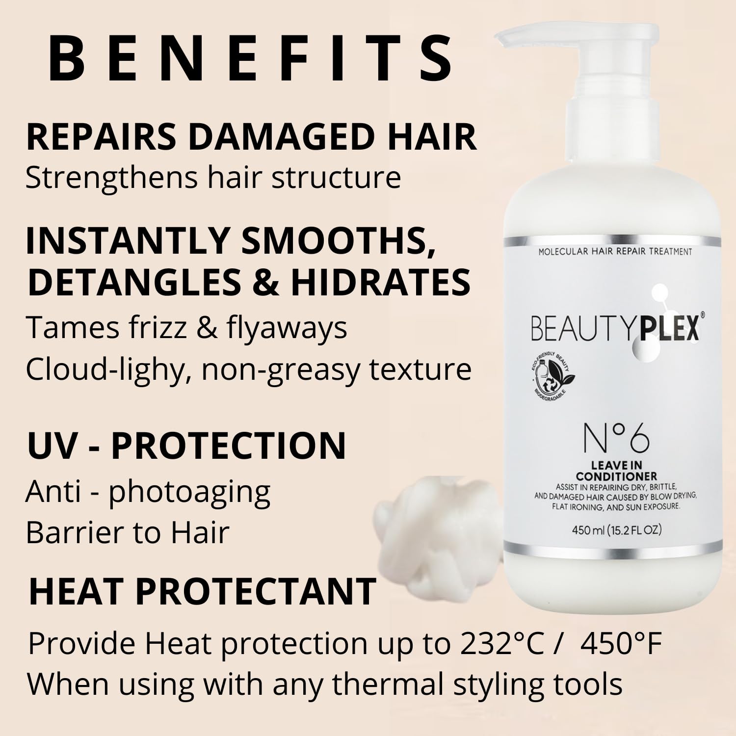 Antique White BEAUTY PLEX No. 6 - Leave in conditioner Professional Bond Repair Heat Protectant for Hair - Strengthens, Nourishes, Moisturizes & Repairs Hair Structure Softness Frizz Control. 450ml (15.2 oz)