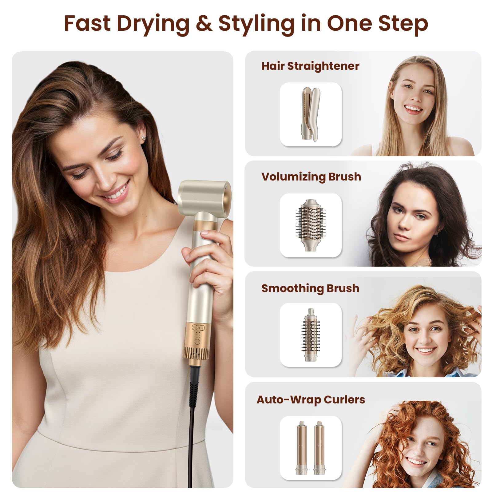 White Smoke MESCOMB 6 in 1 Hair Dryer and Straightener, Hot Air Styler Wrap - Fast Drying, 1400W Air Dryer with Straightener, Frizz-Free Blowout Brush for Smoothing & Curling, Volumizing