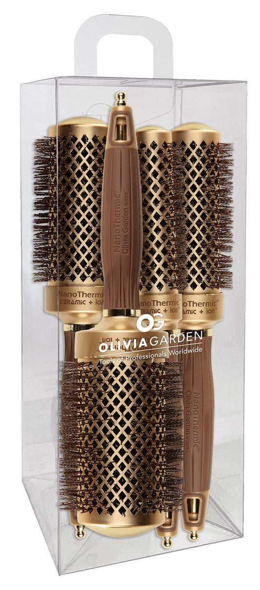 White Smoke Olivia Garden NanoThermic Ceramic + Ion Round Thermal Hair Brush - Not Electrical - Professional Blowout Brush for Normal to Thick Hair, 85-39TF-P2QB 4 Piece