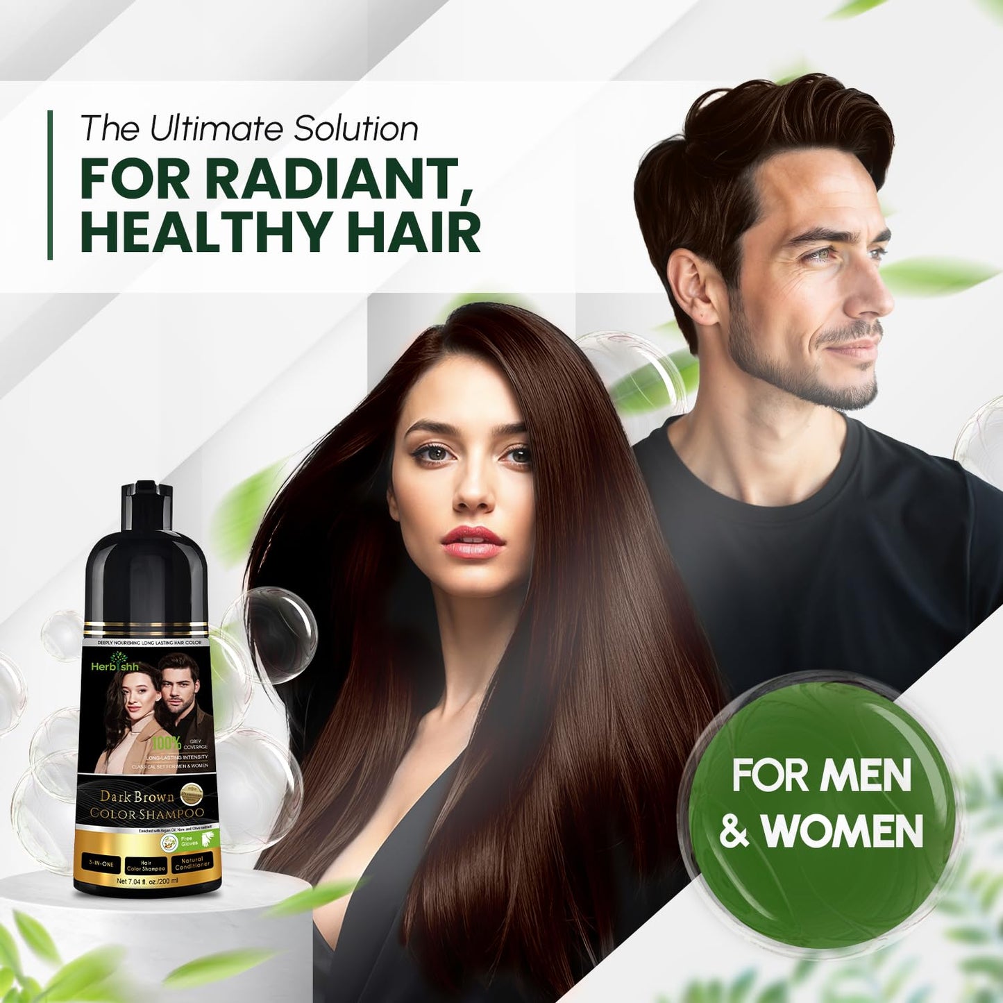 White Smoke Herbishh Dark Brown Shampoo, Hair Dye Shampoo 3 in 1, 100% Grey Coverage, Hair Color for Men & Women, Long-lasting Color in 20-25 Mins, Ammonia-free, 200 ml