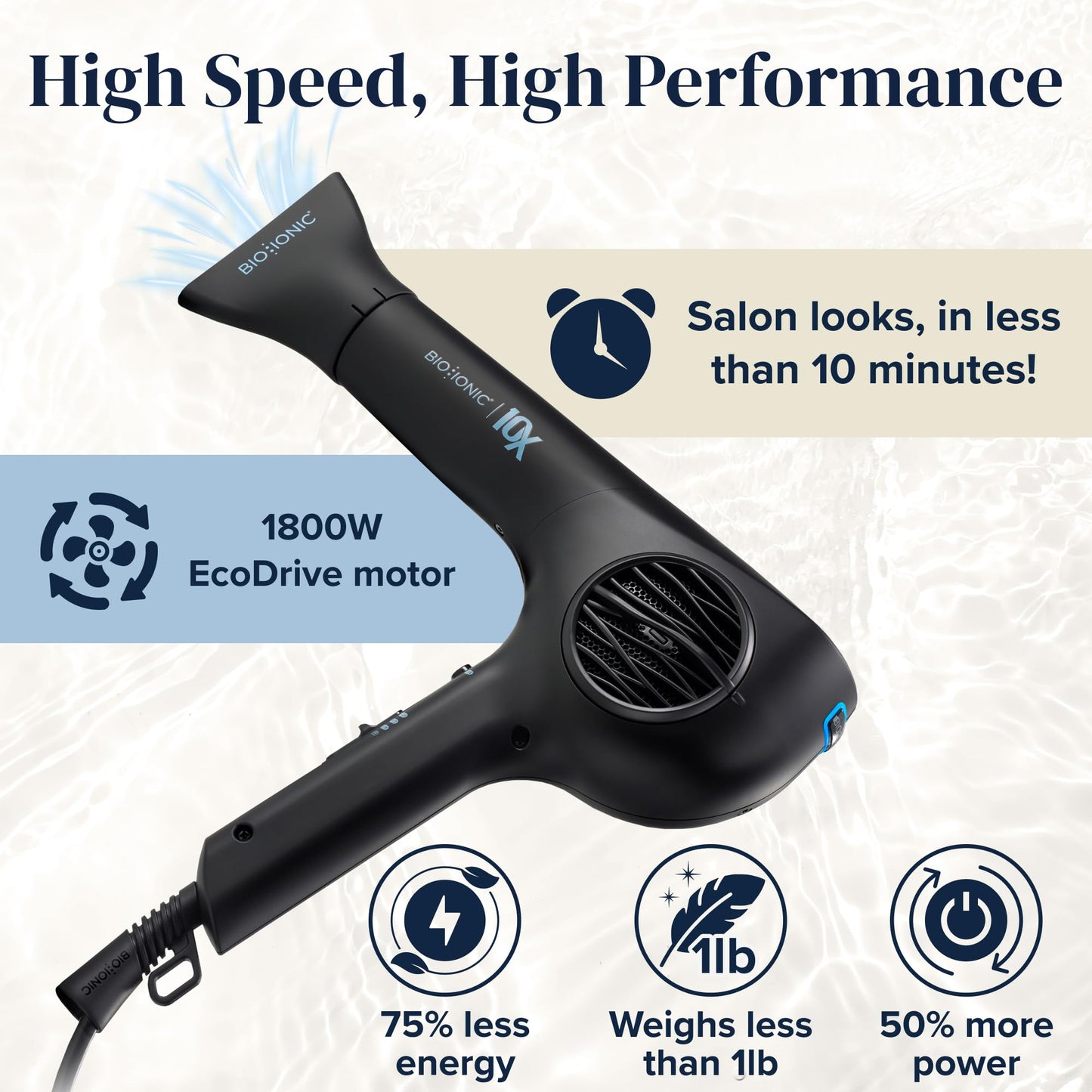 White Smoke Bio Ionic 10X UltraLight Speed Hair Dryer, Blow Dryer with Adjustable Heat & Speed, Professional Hair Styling Tool for Fast, Frizz-Free Hairstyles, 1800W EcoDrive Brushless Motor
