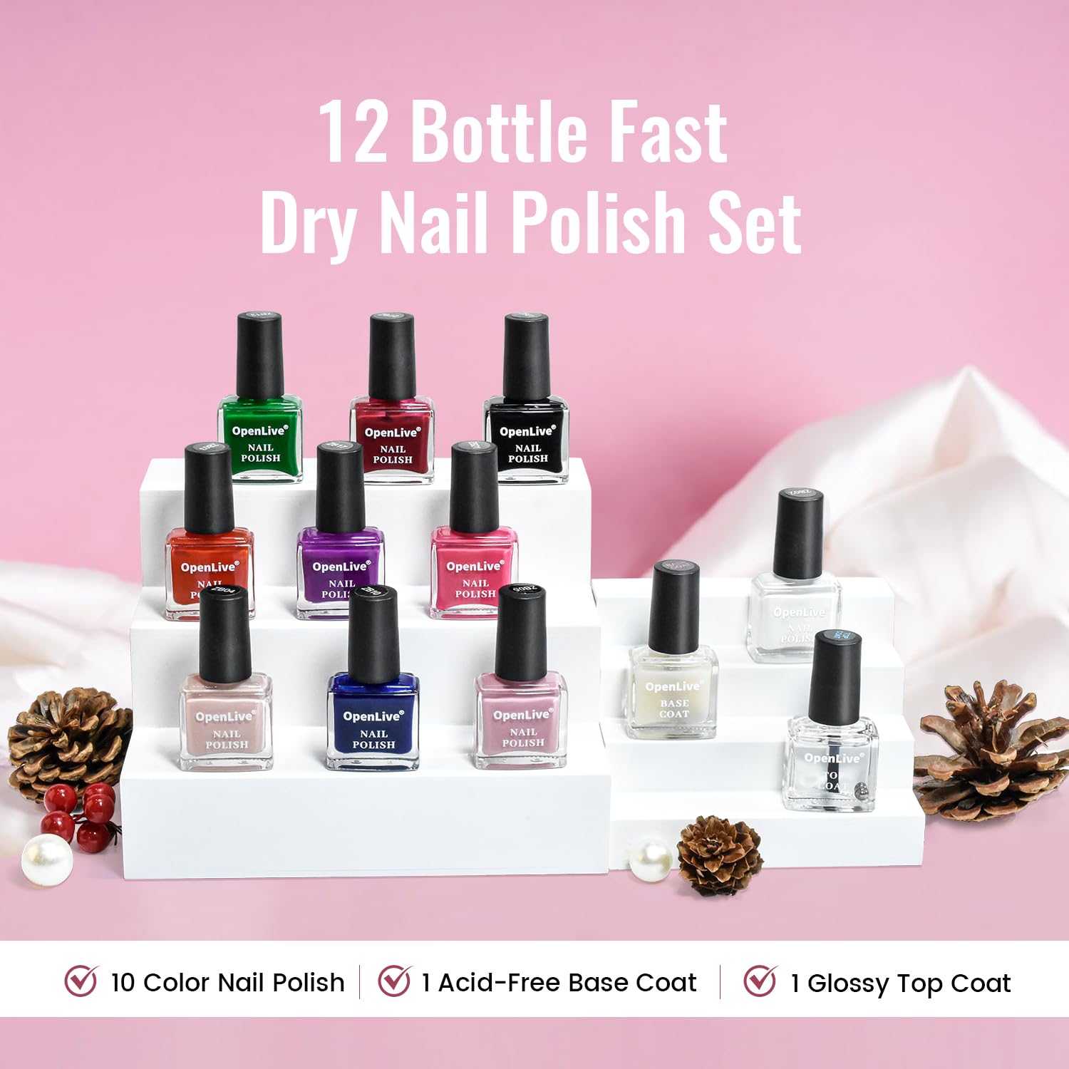White Smoke OpenLive 12 PCS Nail Polish Set With 10 Colour Combo, 2 PCS Base And Top Coat,Fast Drying Nail Polish For Home DIY And Beginners.