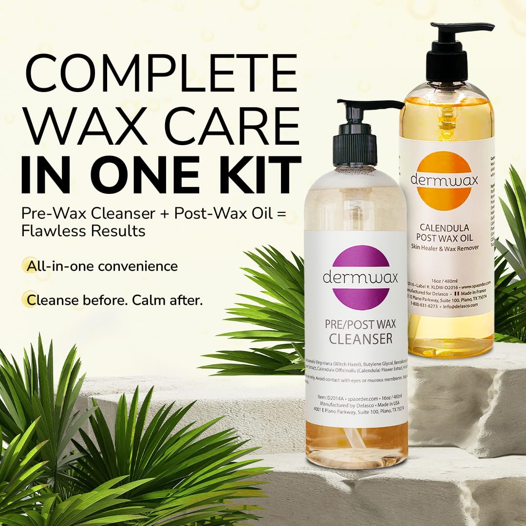 Seashell Dermwax Pre and Post Wax Care Kit – Complete Prep & Aftercare in One Set – Cleanser Removes Oils & Residue – Calendula Oil Calms & Nourishes Skin – Gentle, Paraben-Free Formulas