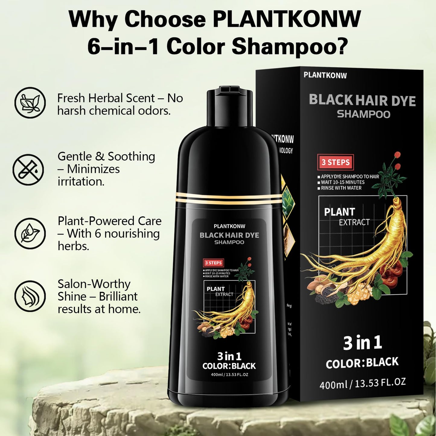 Black Plantkonw Black Hair Dye Shampoo, 3 In 1 Semi Permanent Hair Color Shampoo for Gray Coverage, Natural Hair Dye for Women & Men, Ammonia & Paraben Free