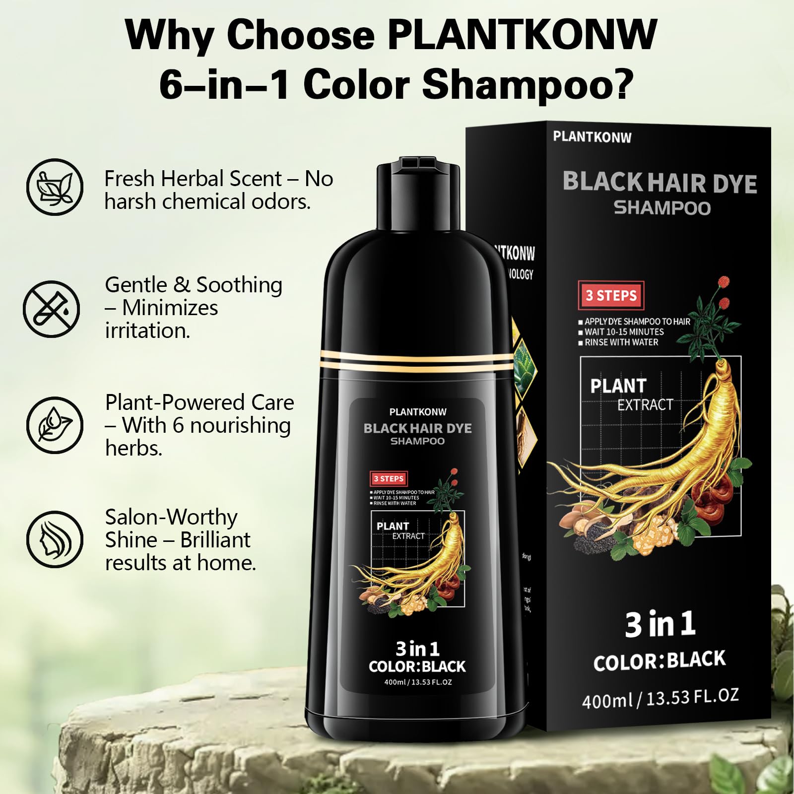 Black Plantkonw Black Hair Dye Shampoo, 3 In 1 Semi Permanent Hair Color Shampoo for Gray Coverage, Natural Hair Dye for Women & Men, Ammonia & Paraben Free