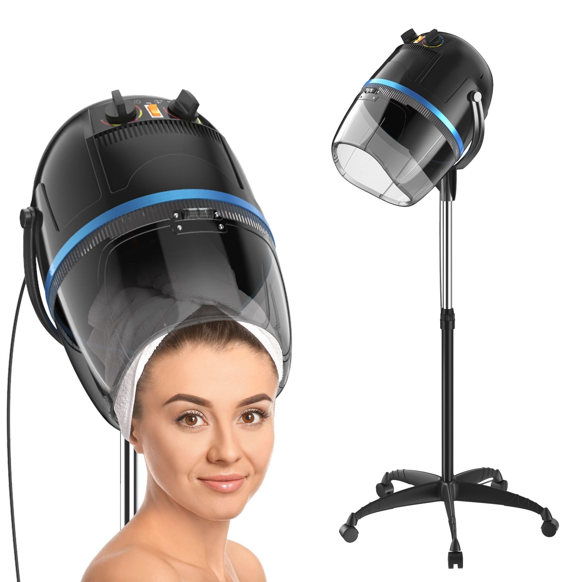 White Smoke Saturnpower Hair Dryer 1300W Professional Adjustable Hooded Floor Hair Bonnet Dryer Stand Up Hair Dryers with Rolling Base for Home Salon Spa Beauty Equipment, Black