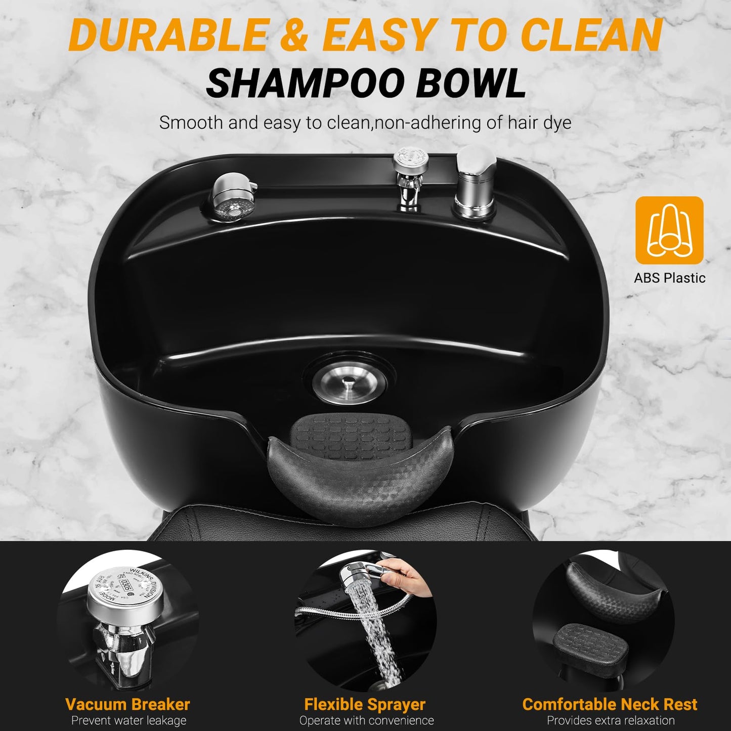 Black Seogwisam Shampoo Bowl and Chair Set for Salon, Backwash Barber Chair,ABS Plastic Shampoo Bowl Sink Unit w/Storage Box for Beauty Spa Barbershop