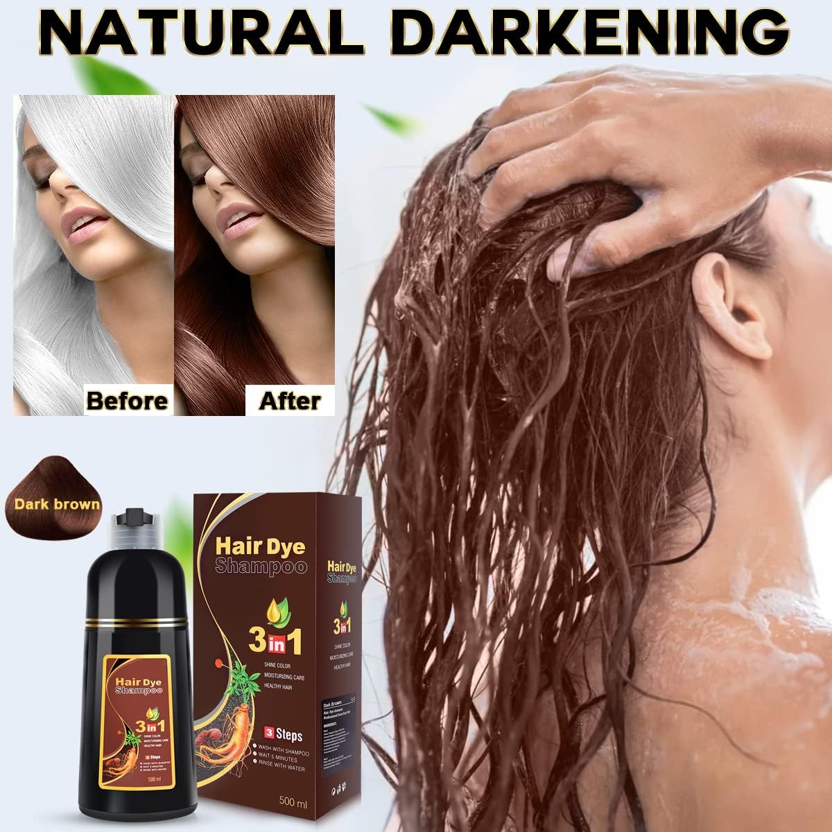 Dark Slate Gray IIIMEIDU Dark Brown Hair Dye Shampoo for Gray Hair, 3 in 1 Herbal Ingredients Natural Shampoo Hair Dye for Women Men, Grey Coverage 500ml