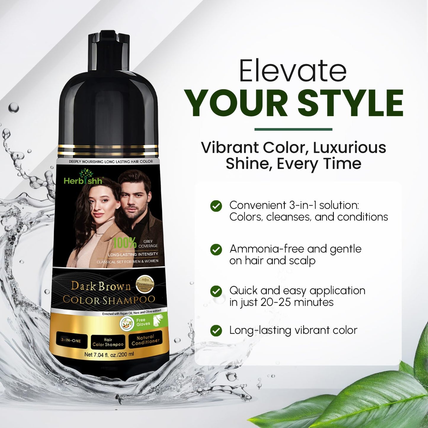 White Smoke Herbishh Dark Brown Shampoo, Hair Dye Shampoo 3 in 1, 100% Grey Coverage, Hair Color for Men & Women, Long-lasting Color in 20-25 Mins, Ammonia-free, 200 ml