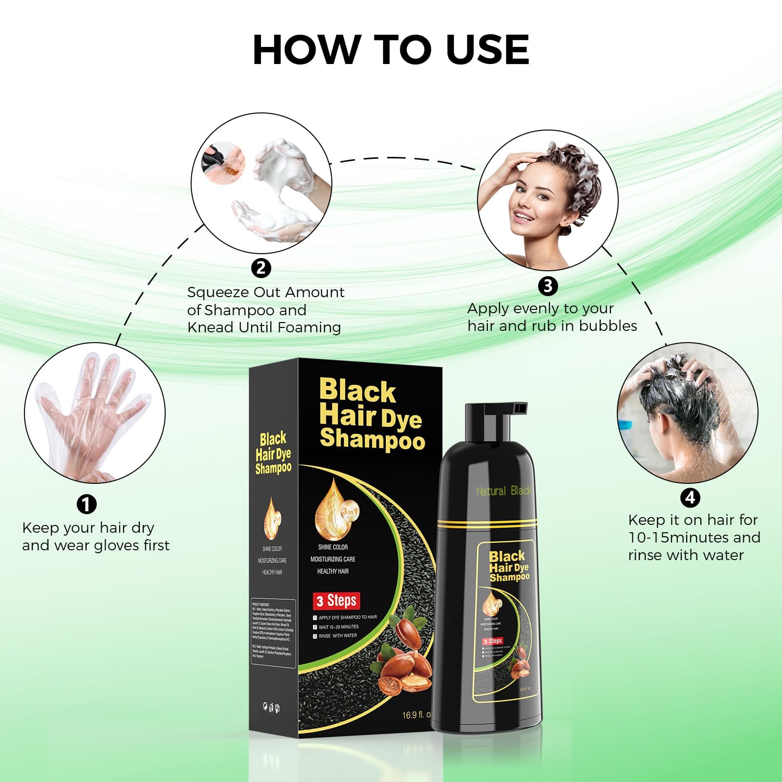 White Smoke BELEZALIB Black Hair Dye Shampoo for Woman & Man, Argan Hair Color Shampoo 3 in 1, Semi-Permanent Gray Hair Coverage, Mild Formula, Lasts 30 Days(16.90 oz)