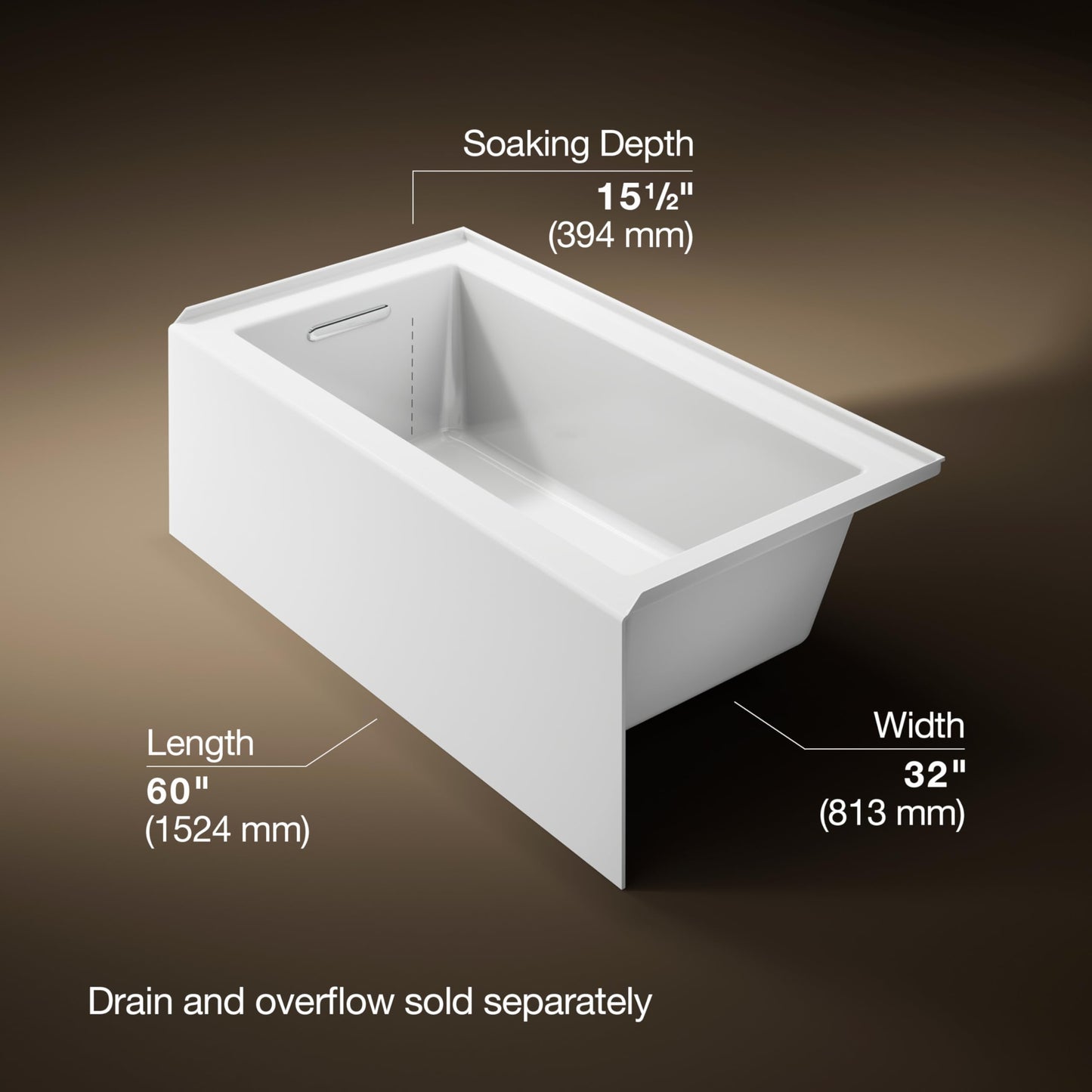 Dark Slate Gray Kohler K-20202-LA Underscore 60" Soaking Bathtub for Three Wall Alcove Installation with Left Drain and 68 Gallon Water Capacity - White