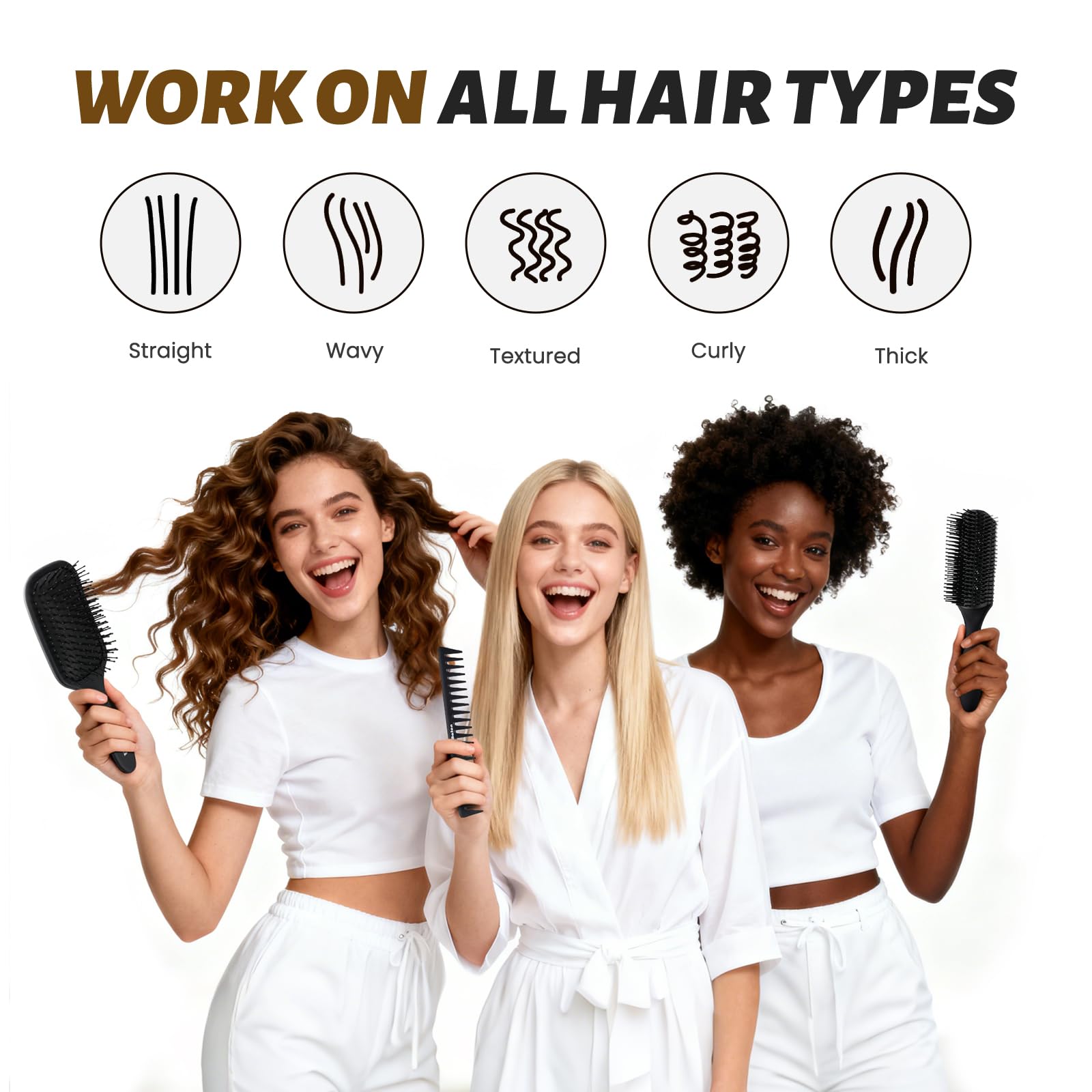 White Smoke Balon Hair Brush for Women and Men, 4Pcs Paddle Brush Detangling Brush Hair Comb Set for Long Thick Thin Curly Hair, Hairbrush Great On Wet or Dry, No More Tangle