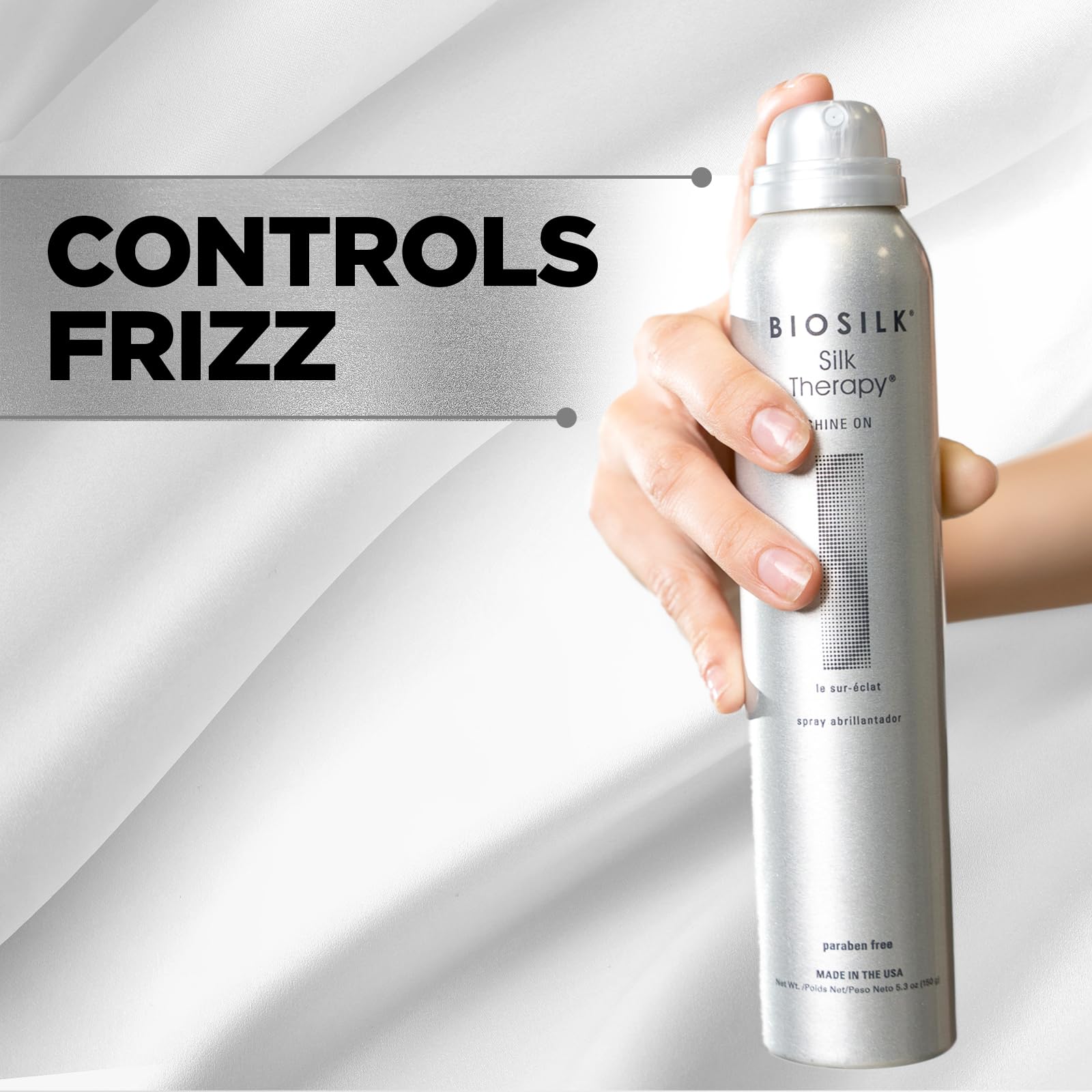 Light Gray BioSilk Silk Therapy Shine On, Hairspray For Controlling Frizz & Providing Brilliant Shine, Sulfate, Paraben, & Cruelty-Free, 5.3 Oz