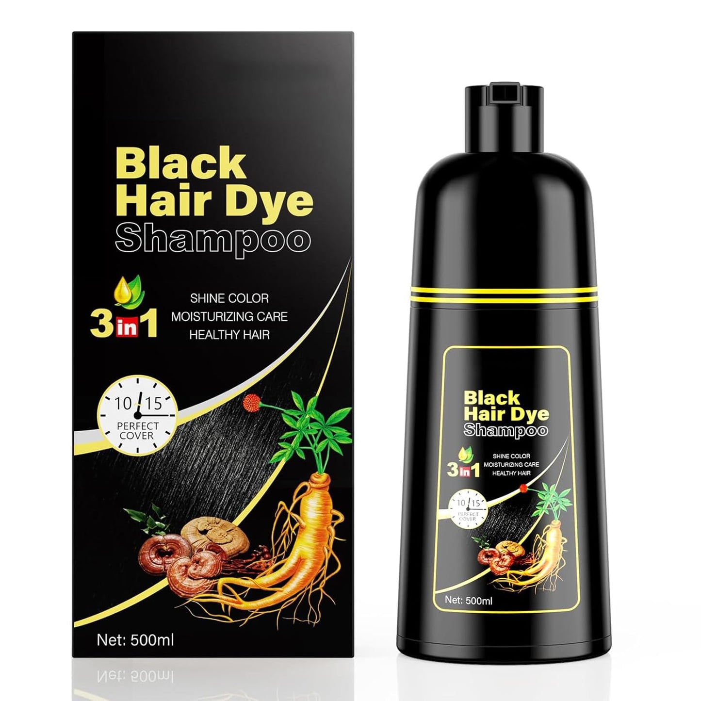 Black KINGMING Black Hair Dye Shampoo 3 in 1 for Gray Hair, Hair Color Shampoo for Women Men Grey Hair Coverage, Herbal Ingredients Champu Con Tinte Para Canas 500ml (Black).