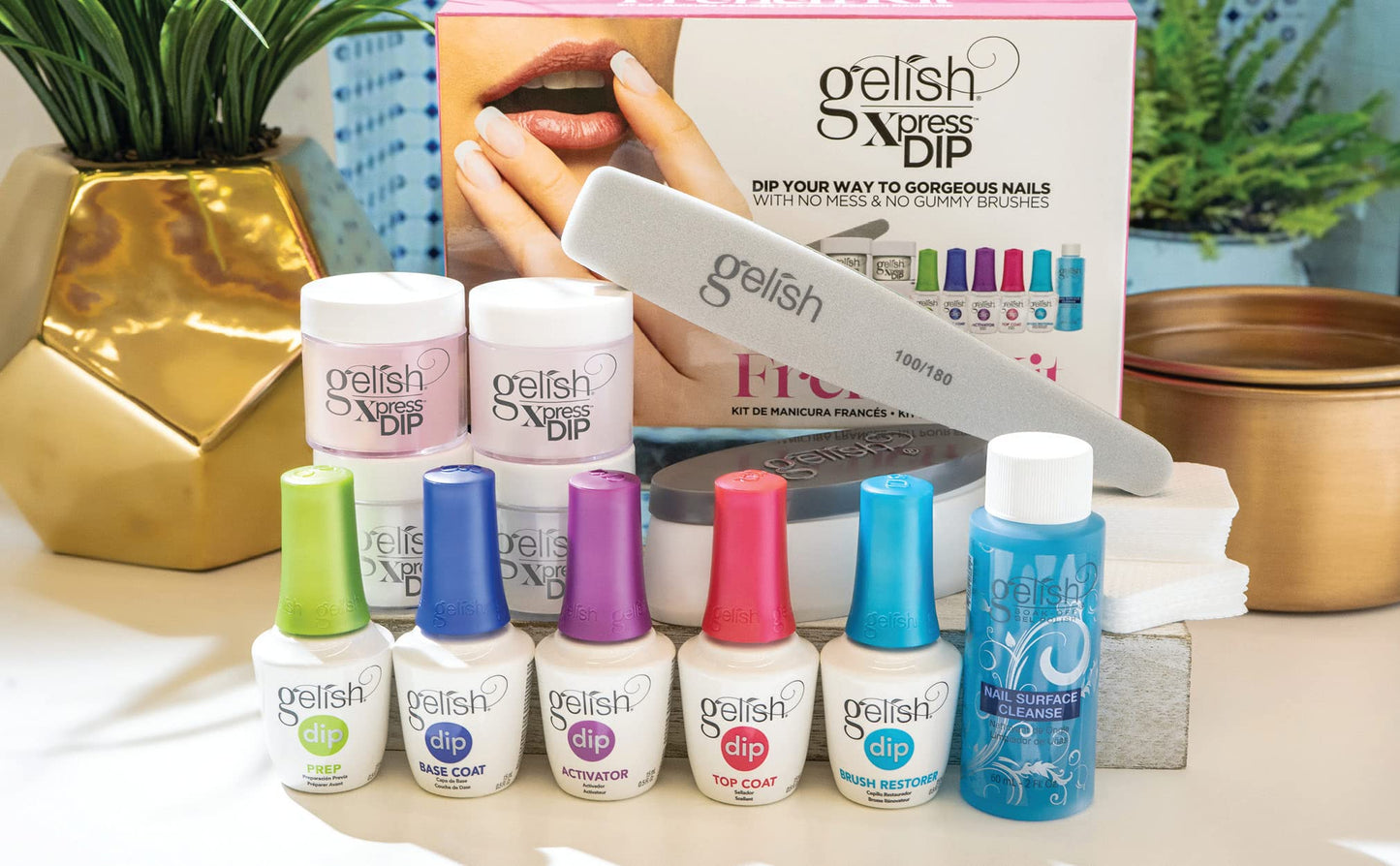 White Smoke Gelish Xpress Dip N Brush French Kit - Powder Colors, Built-In Activator, 21+ Days Chip Proof Wear, Nail Dip Powder, Nail Kit, Dipping