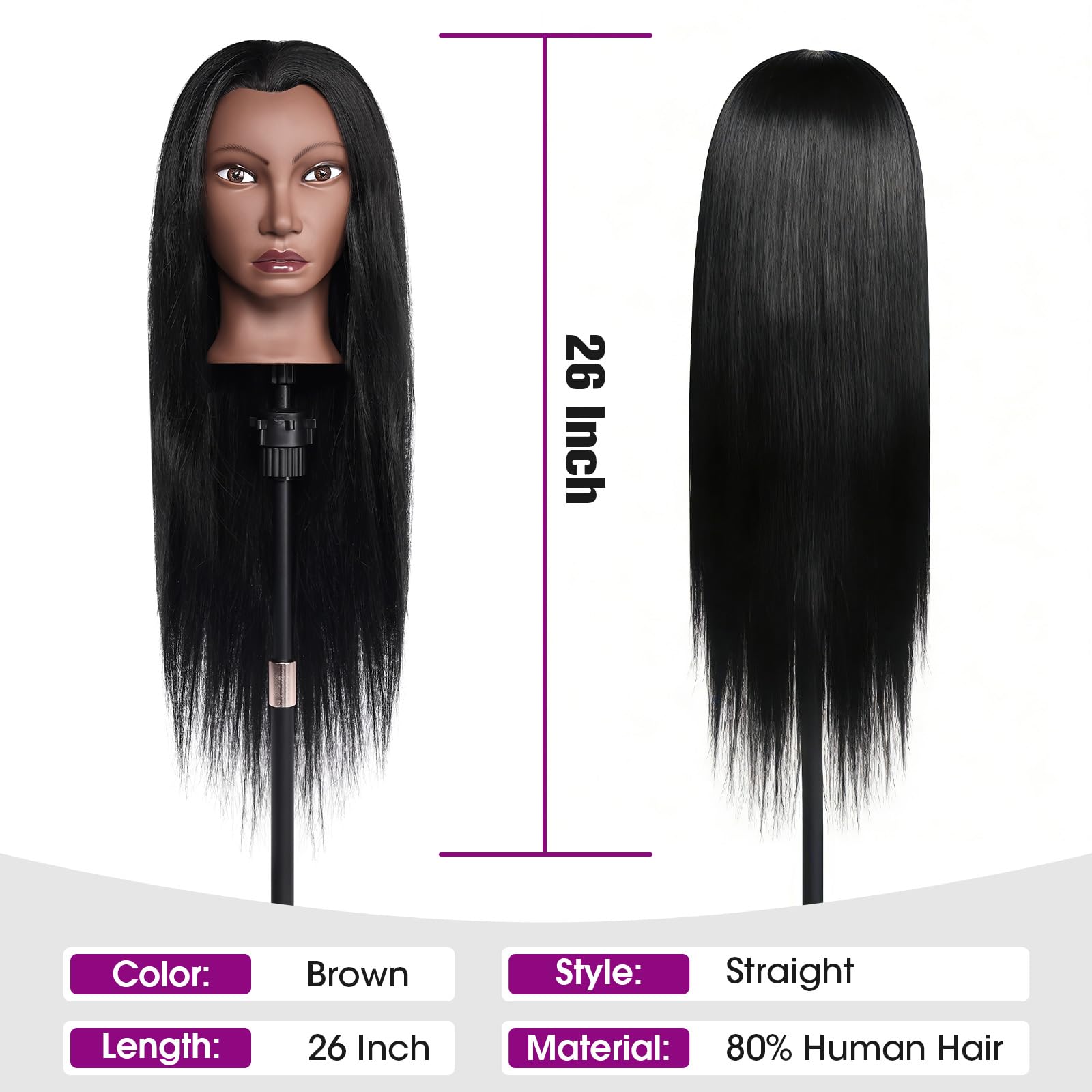 White Smoke Mannequin Head Human Hair, 26" Cosmetology Mannequin Head with 80% Human Hair, Doll Head for Hair Styling with Clamp Holder and Tools (Black)