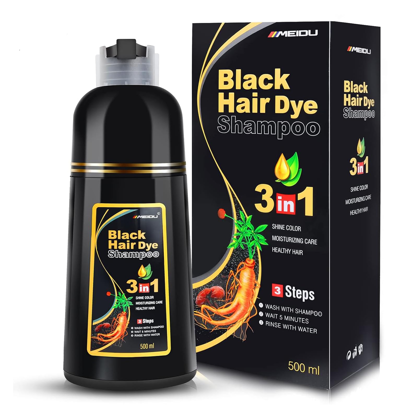 White Smoke IIIMEIDU MEIDU Black Hair Dye Shampoo 3 in 1, Shampoo for Color Treated Hair 100% Gray Coverage for Women Men, Natural Herbal Ingredients Champu Para Canas pintar el pelo 500ml