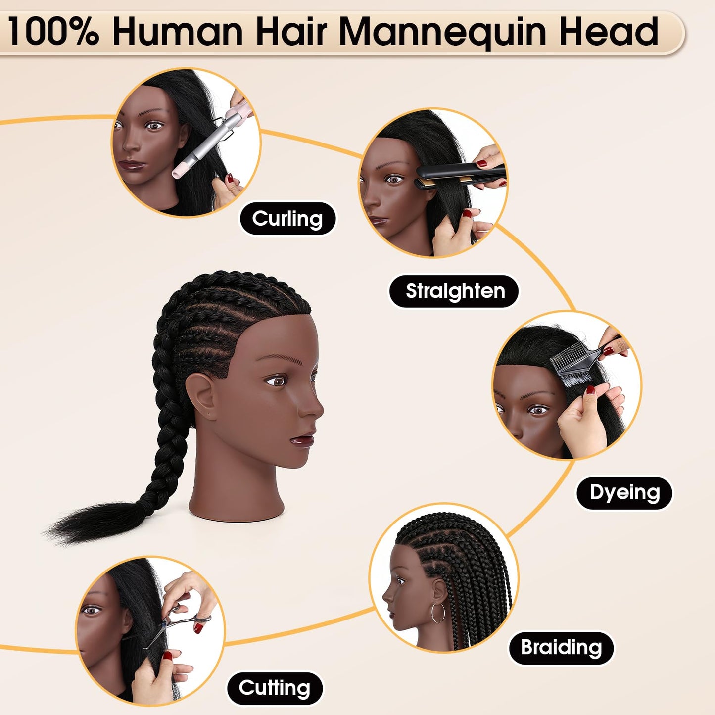 Misty Rose 18 Inch 100% Real Human Hair Mannequin Head, Cosmetology Manikin Head Training Doll Head for Hair Styling, Braiding, Curling Practice, with Table Clamp Holder & Complete Styling Tools Kit(Black)