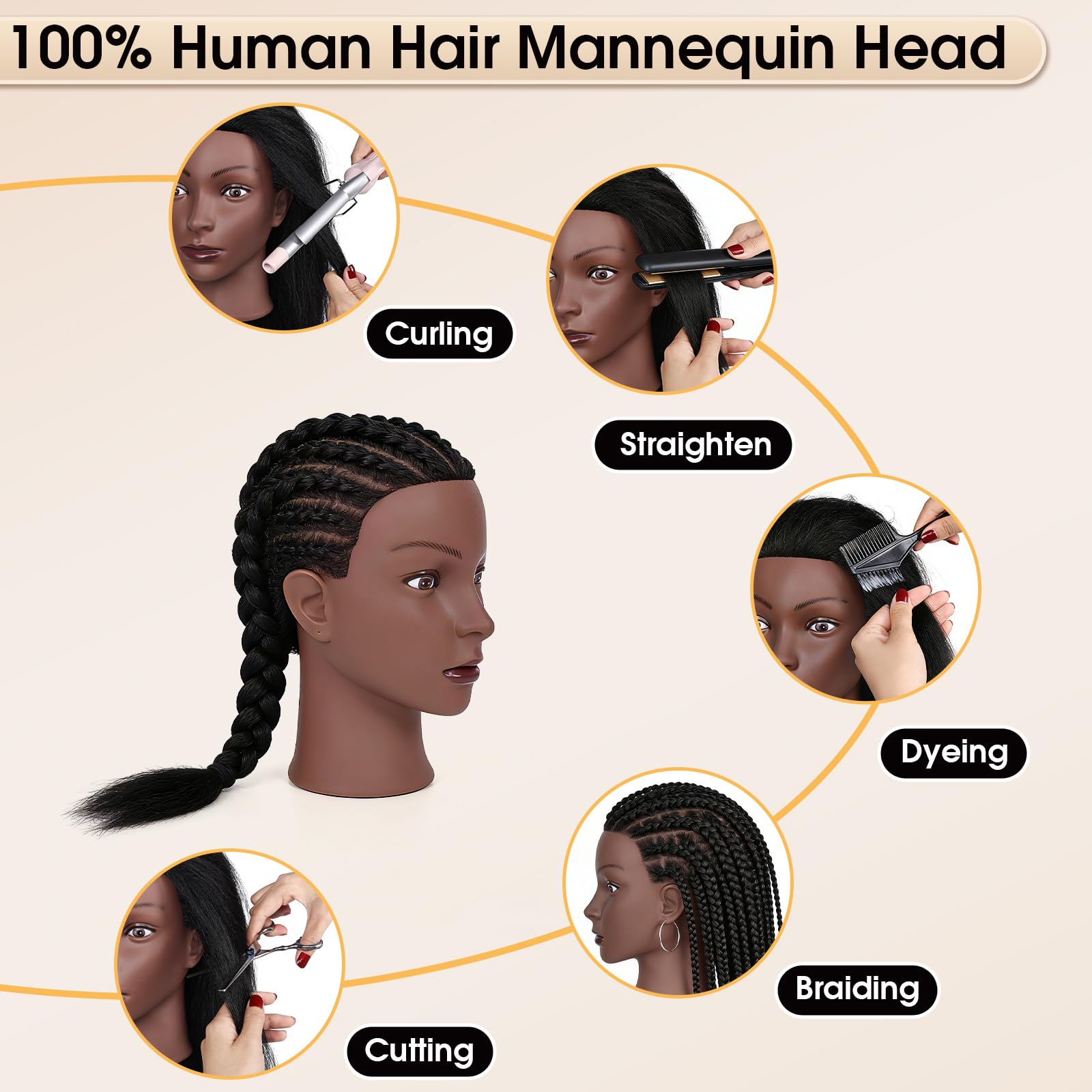 Misty Rose 18 Inch 100% Real Human Hair Mannequin Head, Cosmetology Manikin Head Training Doll Head for Hair Styling, Braiding, Curling Practice, with Table Clamp Holder & Complete Styling Tools Kit(Black)
