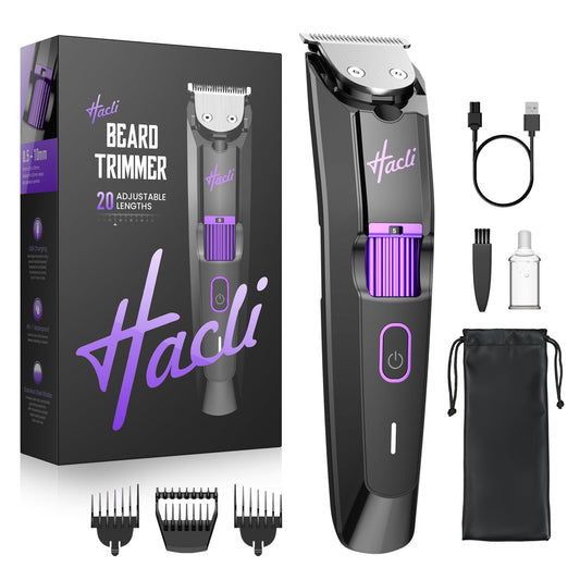 White Smoke HACLI Professional Beard Trimmer for Men - Cordless IPX7 Waterproof, Precision Dial with 20 Adjustable Length Settings, Wet/Dry Use, 80 Min Runtime, Premium Facial Hair Groomer, Gift for Dad & Husband