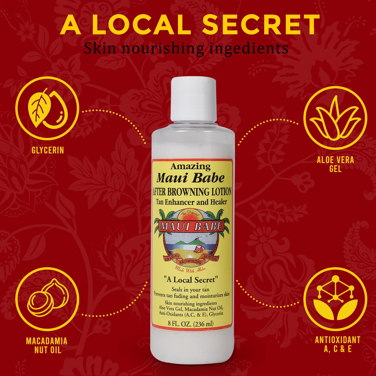 Dark Red Maui Babe After Browning Lotion, Tan Enhancer & Healer - After Sun Tan Extender Body Lotion To Prevent Tan Fading- Natural Moisturizing & Healing After Sun Care Cream- Made In USA, 8 Ounces