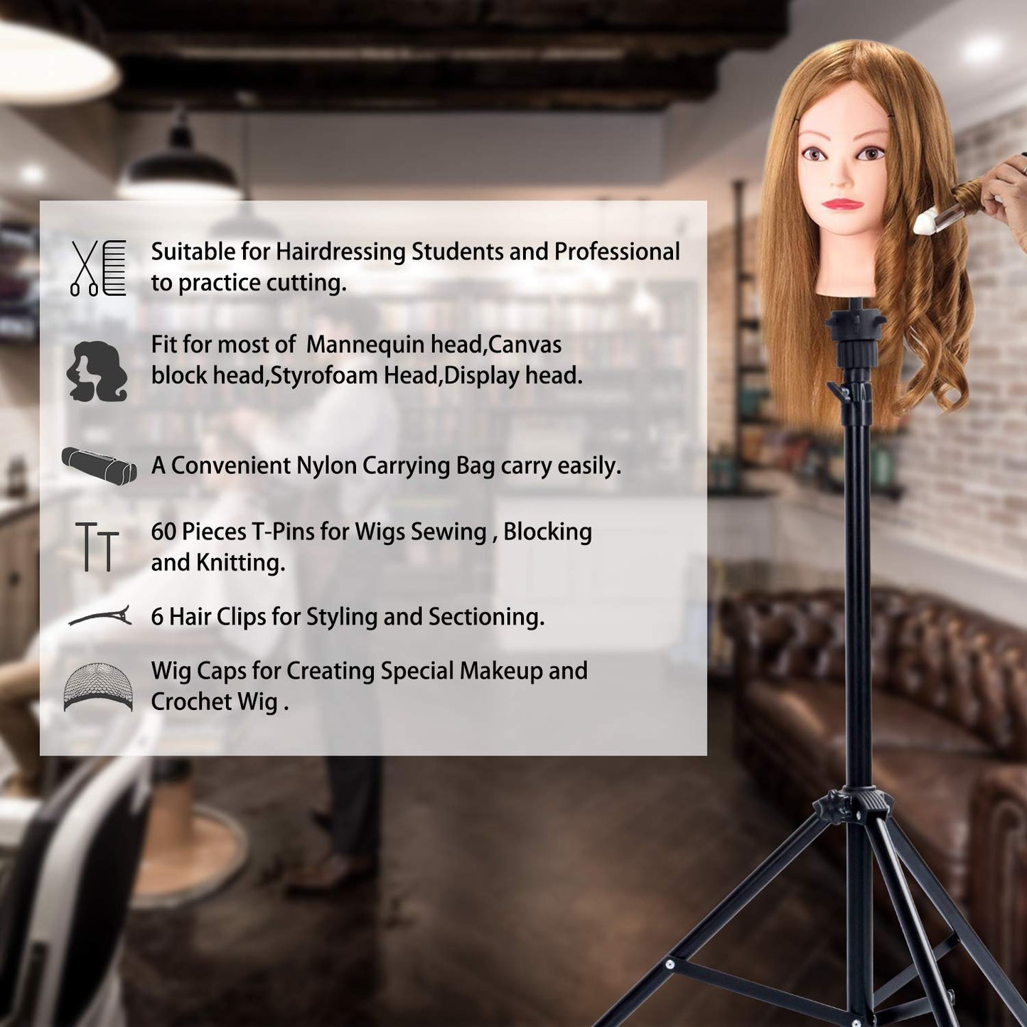 Gray Klvied Reinforced Wig Stand Tripod Mannequin Head Stand, Adjustable Holder for Cosmetology Hairdressing Training with T-with Caps, T-Pins, Comb, Hair Clip, Carrying Bag
