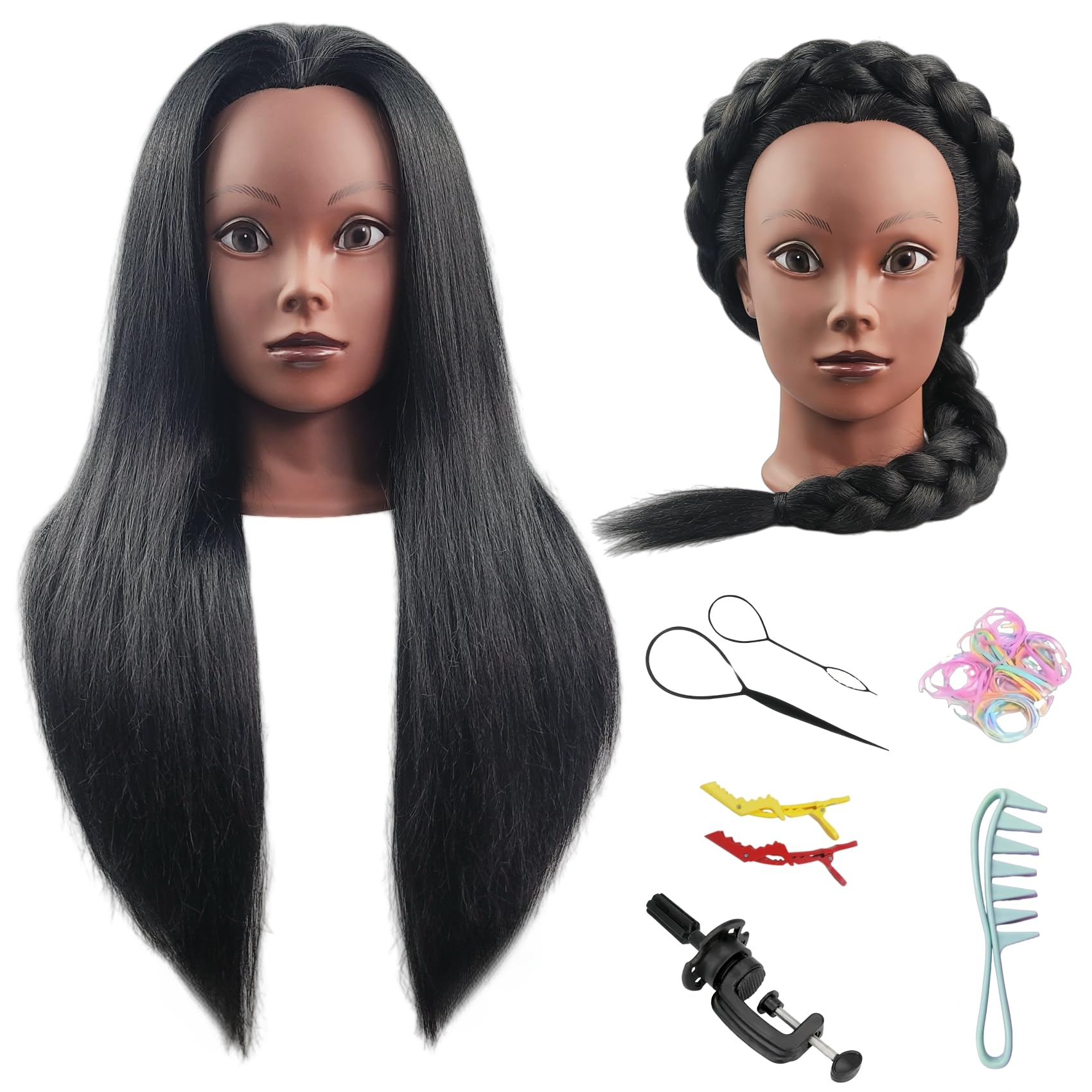White Smoke Czrleaty Yaki Hair Mannequin Head for Braiding, Black Mannequin Head with Hair - 21" Training Doll Head for Kids Hair Styling or Braiding Practice