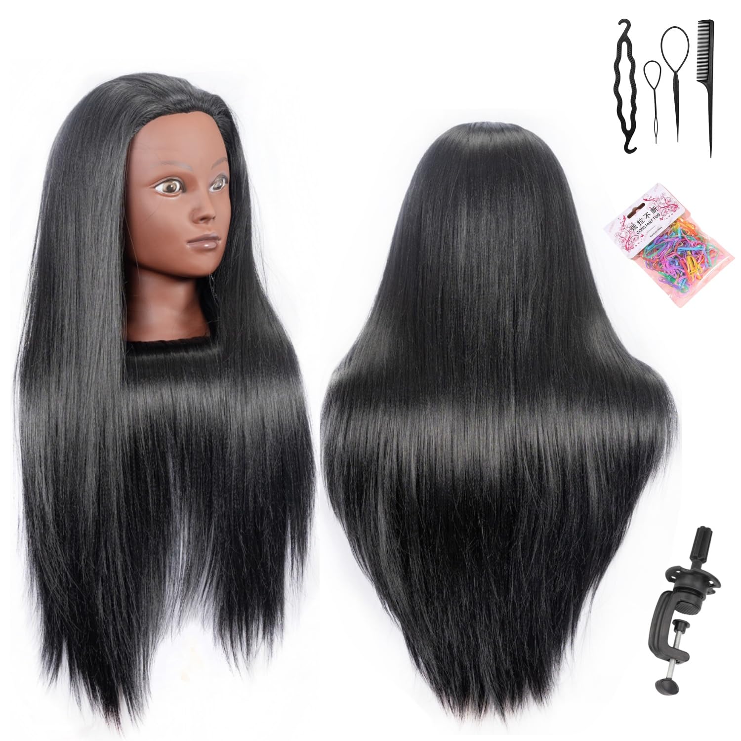 White Smoke Training Head 26"-28'' Mannequin Head Hair Styling Manikin Cosmetology Doll Head Synthetic Fiber Hair Hairdressing Training Model Free Clamp Exquisite Gifts (black)
