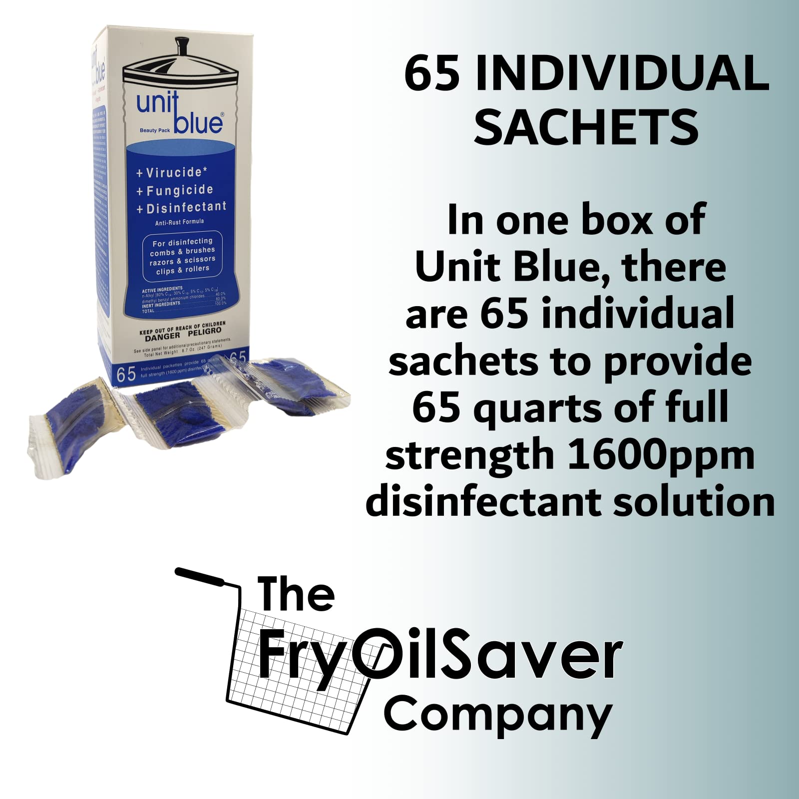 White Smoke Unit Blue Germicidal Barber Disinfectant Liquid Cleaner Concentrate for Barbers - Anti-Rust Formula to Sterilize Scissors, Clips, Razors, Brush & Combs - 65 Sachets Makes 65 QT Solution at 1600 PPM