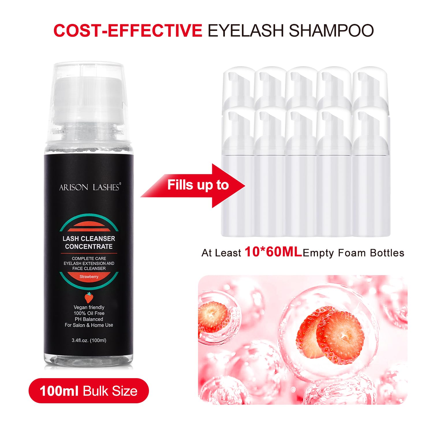 White Smoke Eyelash Natural Foaming Cleanser Concentrate 100ml Lash Extensions Shampoo DIY Non-lrritating Wash for Extensions Lashes with Salon Home Care-Makes 20 Bottles 60ml lash Shampoo (Strawberry)