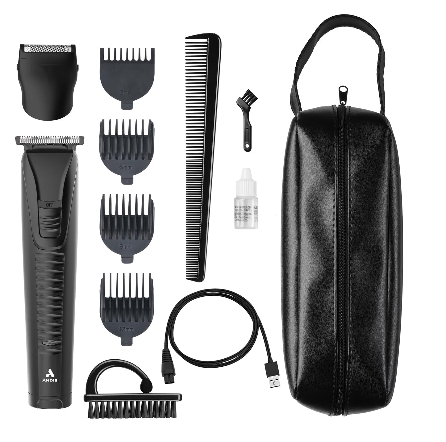 White Smoke Andis 563070 inLINER All-in-One Cordless Beard & Hair Trimmer, 12-Piece Kit, Compact and Quiet, Removeable T-Blade, Includes Shaver Head Attachment, Black