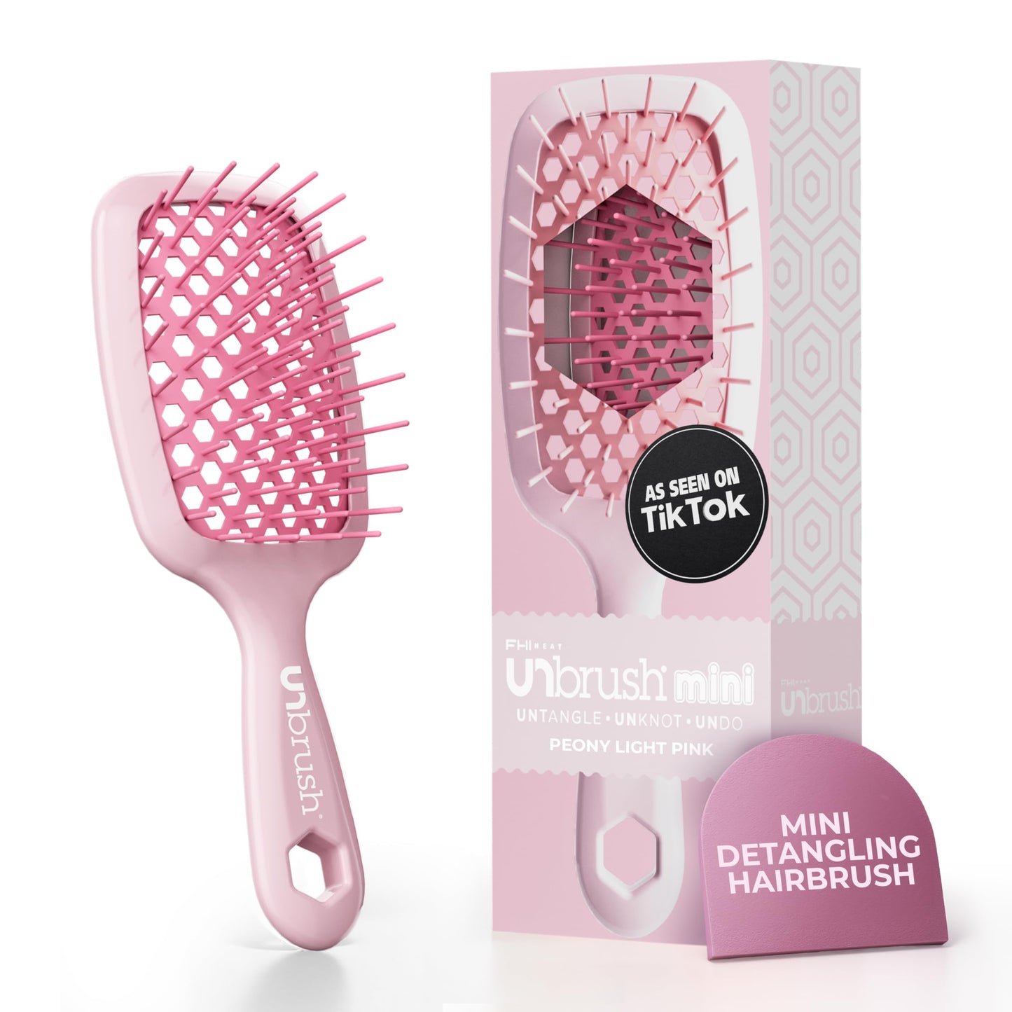 White Smoke FHI Heat UNbrush Mini Detangler Brush for Pain-Free Brushing on All Wet or Dry Hair Types — Durable Duoflex Anti-Static Bristles, Lightweight Handle, Vented Mini Hair Brush, Peony Light Pink