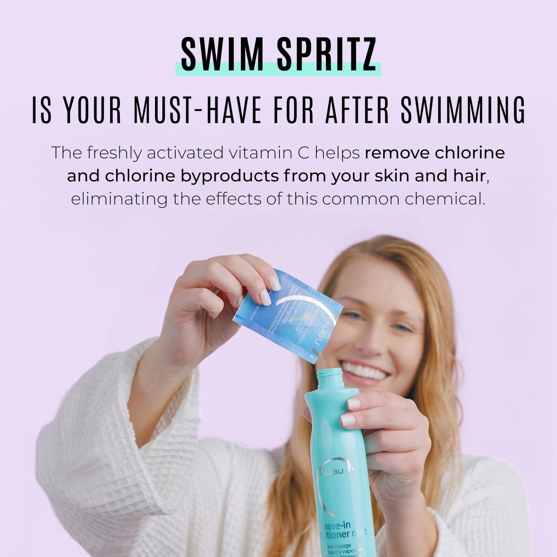 Lavender Malibu C Swim Spritz Crystals - Freshly Activated Vitamin C Hair and Skin Spray for Post-Swim Chlorine Removal - 100% Vegan and Cruelty-Free (12 Packets)