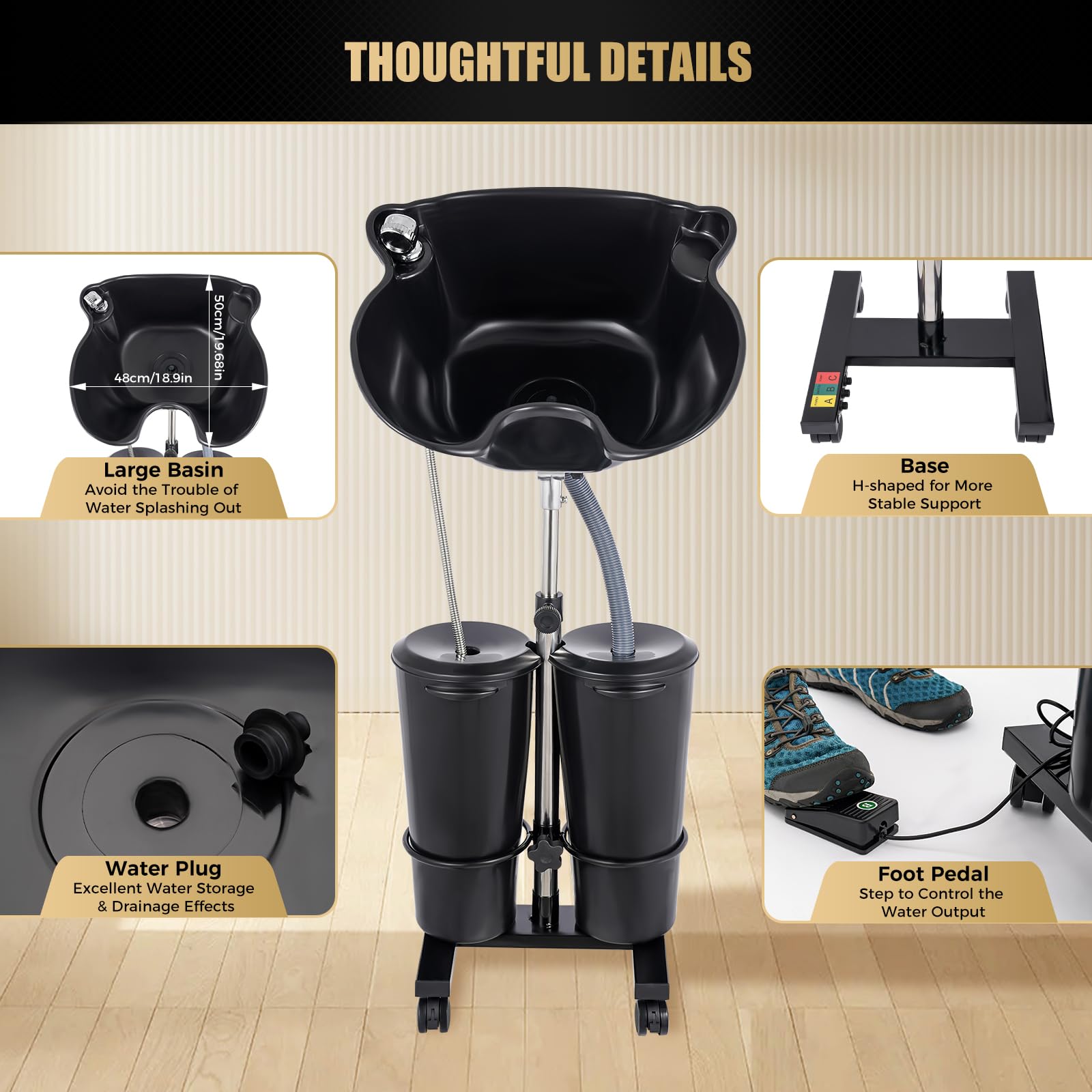 Black Electric Portable Shampoo Bowl Shampoo Table Hairdresser's Shampoo Basin Home Sink Shampoo Tray With Adjustable Height and Downspout; Sprinkler with On/Off Switch